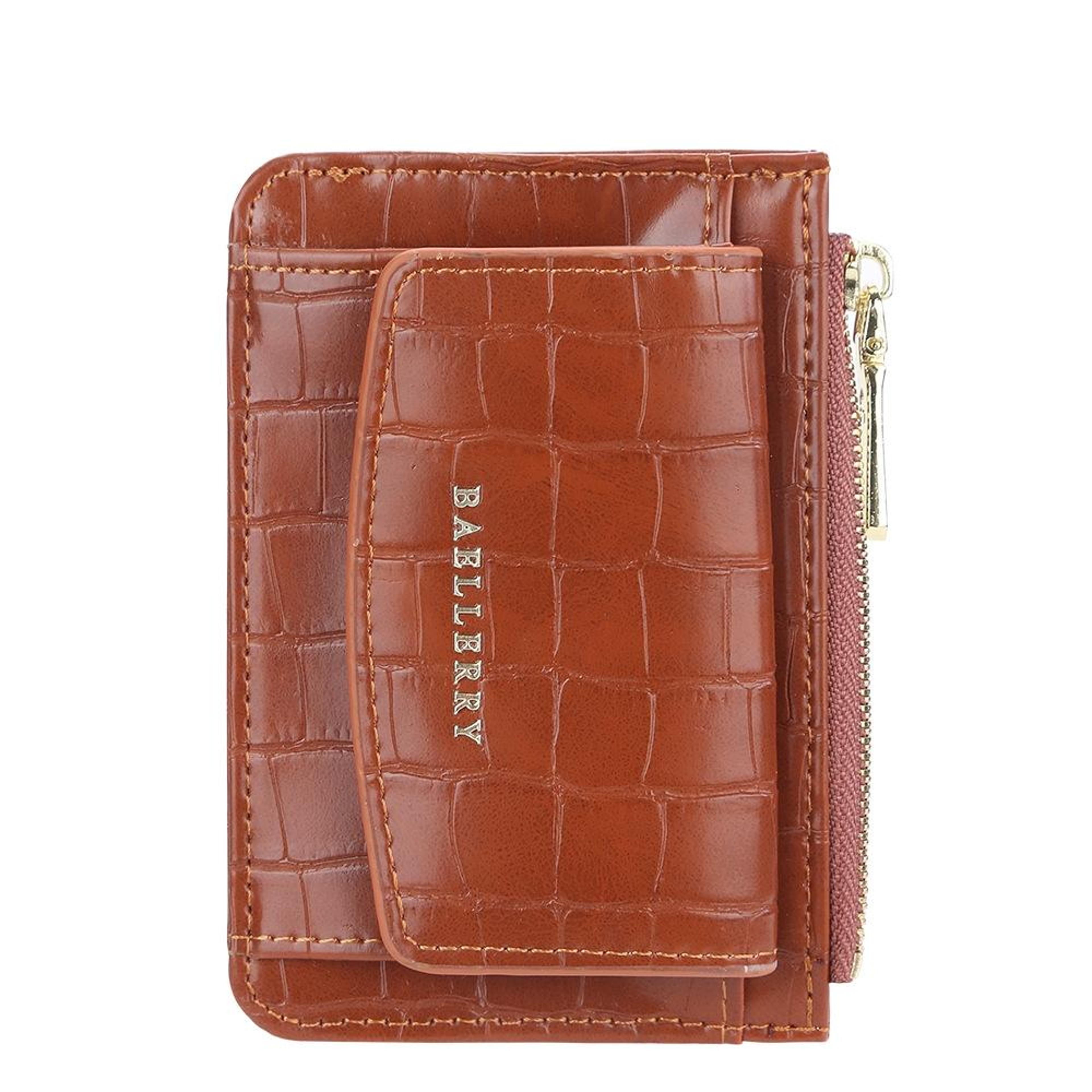 crocodile pattern card holder wallet with zipper coin purse in brown