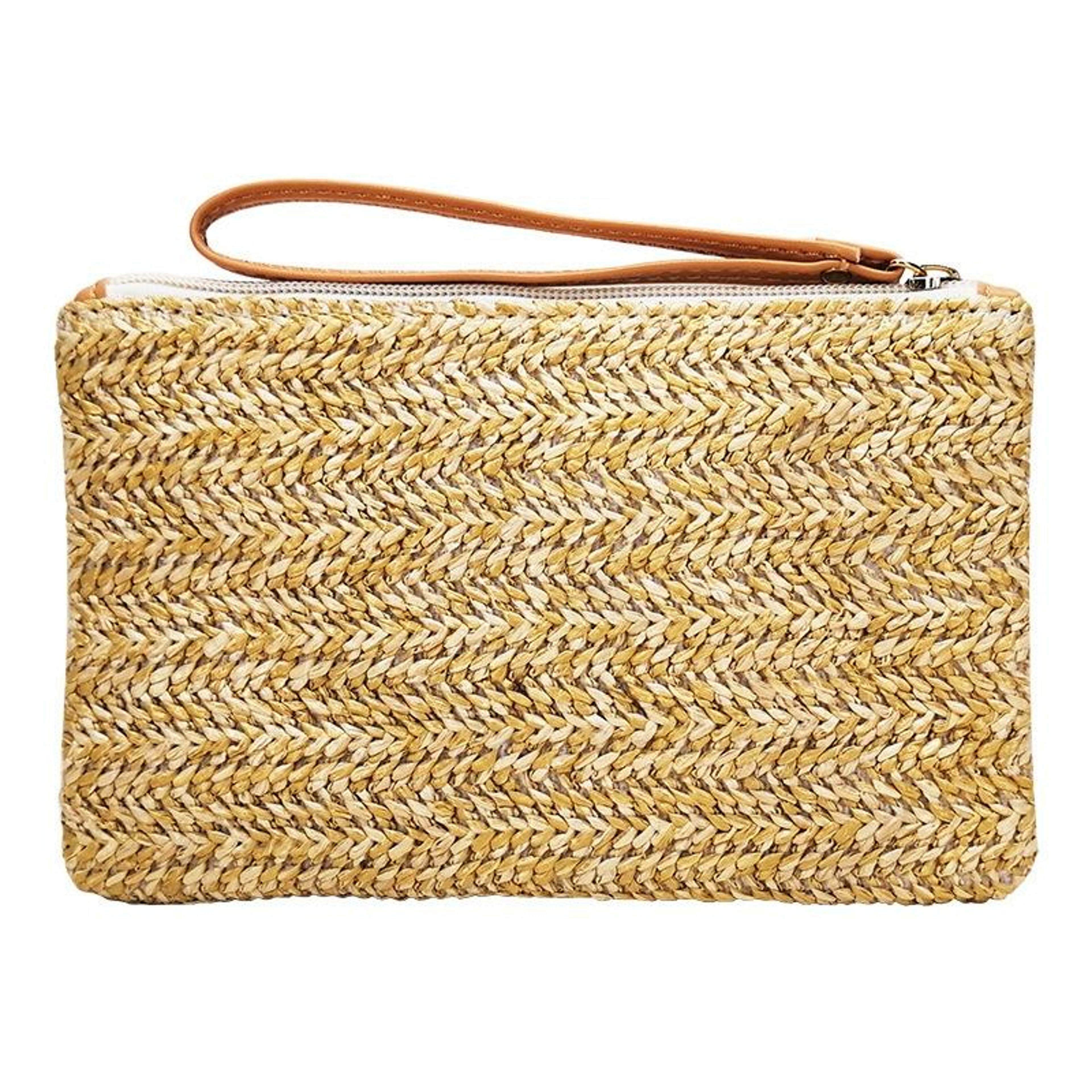 beige straw clutch coin purse summer beach bag with zipper closure