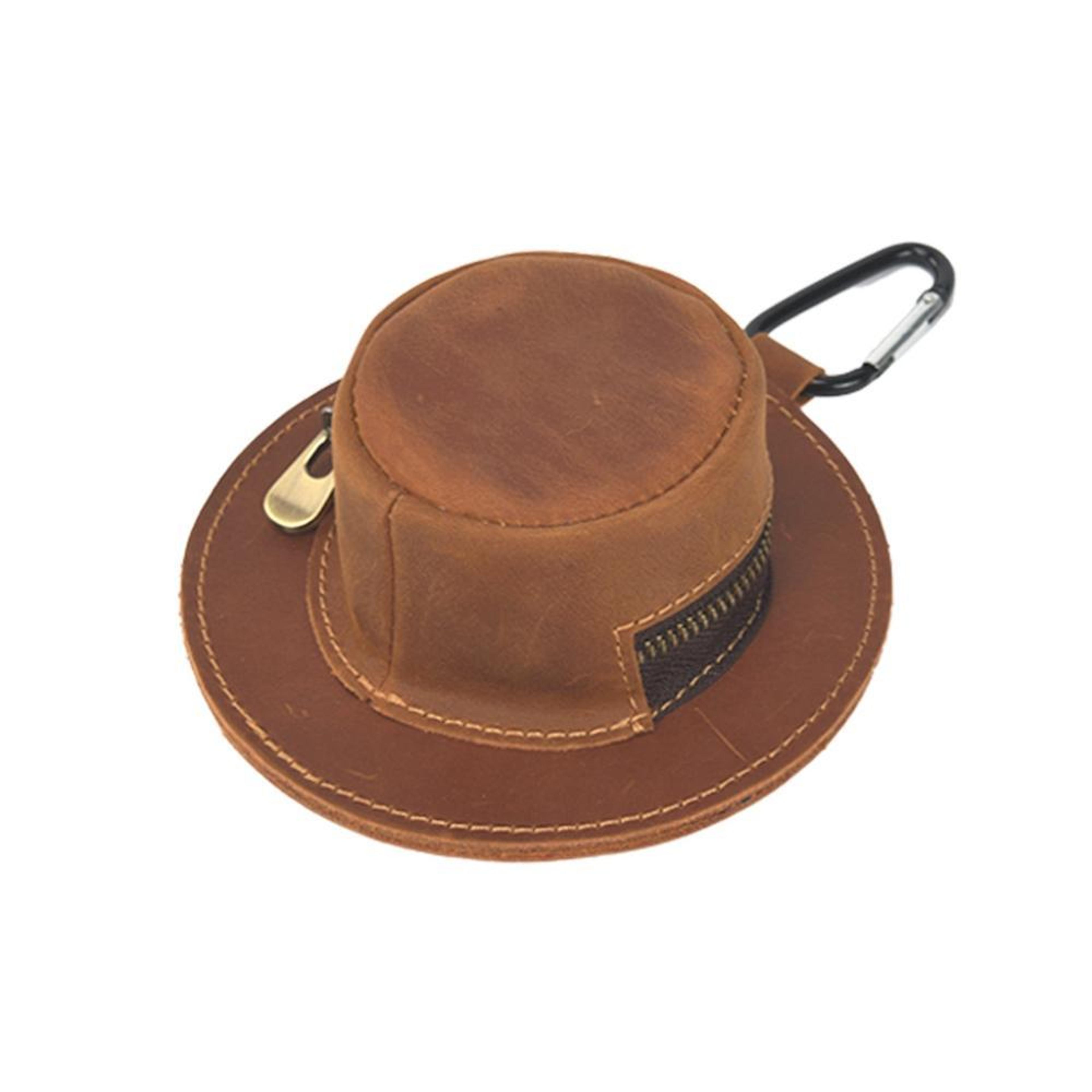 genuine leather coin purse vintage top hat design mini wallet with carabiner clip