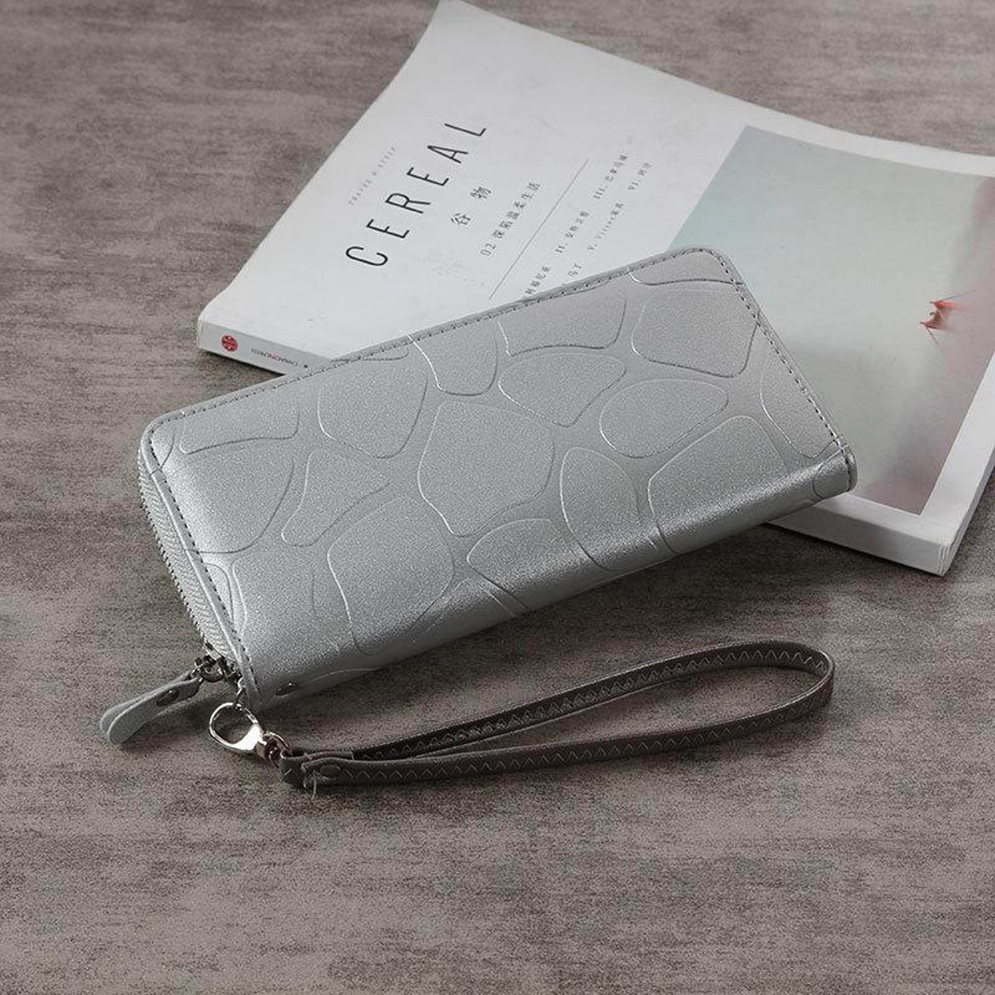 women's large silver zipper wallet with coin purse and billfold compartments