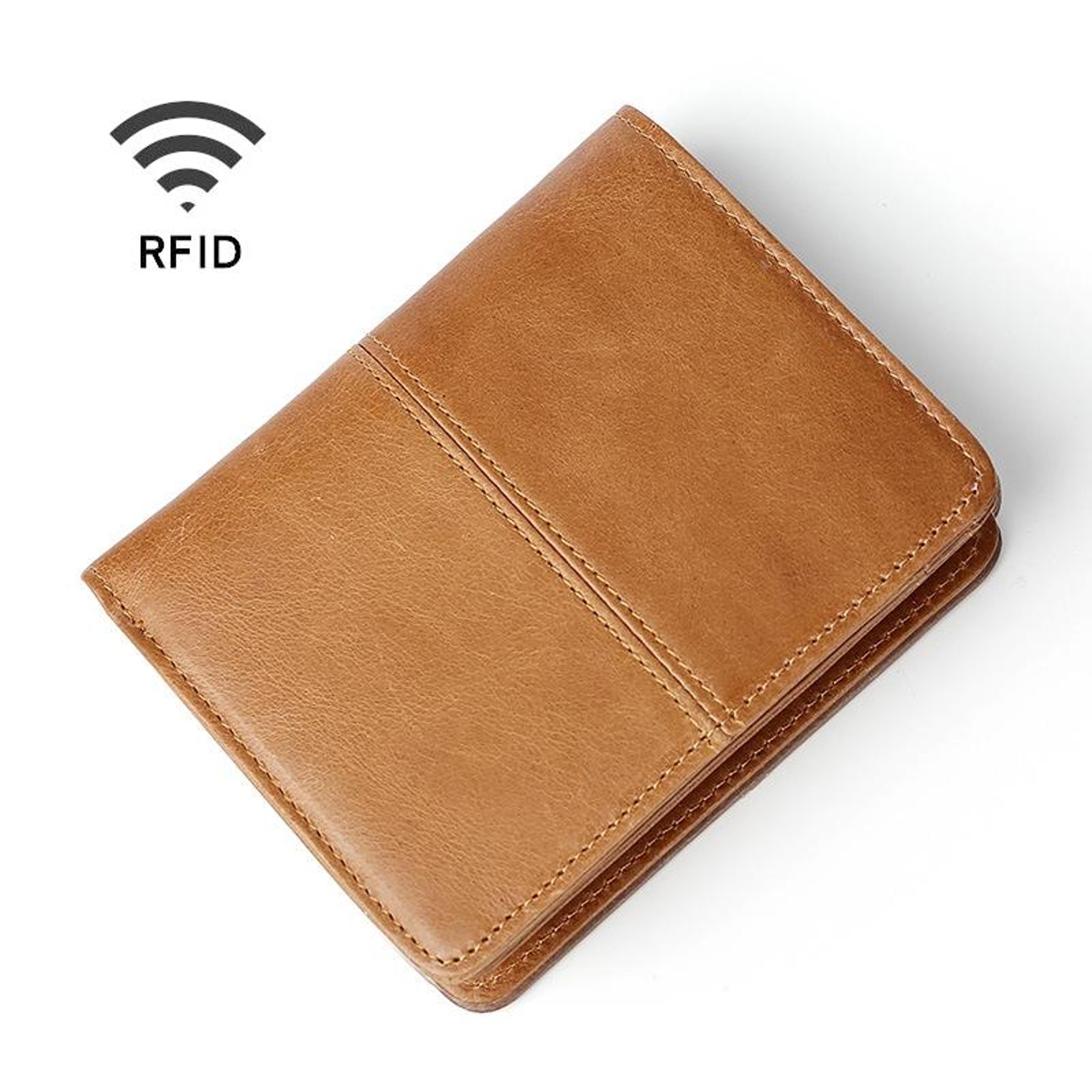 rfid blocking cowhide leather change purse and card wallet in brown
