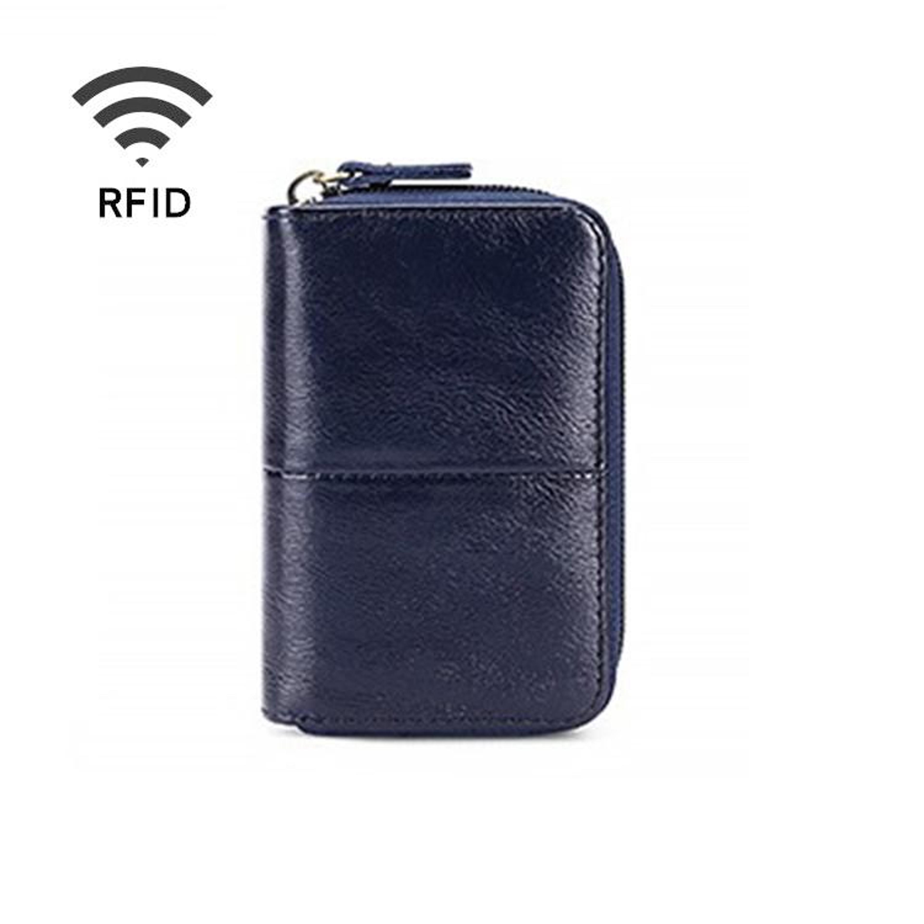 rfid oil wax cowhide leather zipper card holder wallet in blue