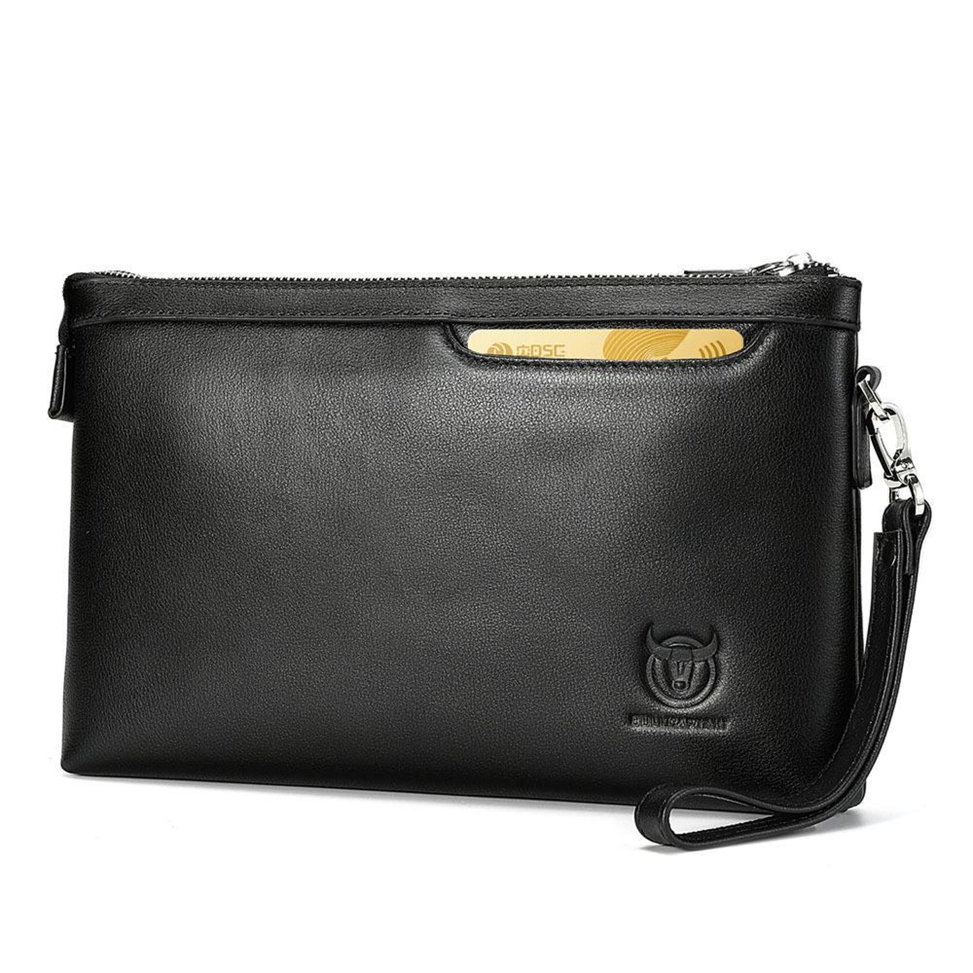 mens genuine leather clutch bag wristlet organizer wallet in black