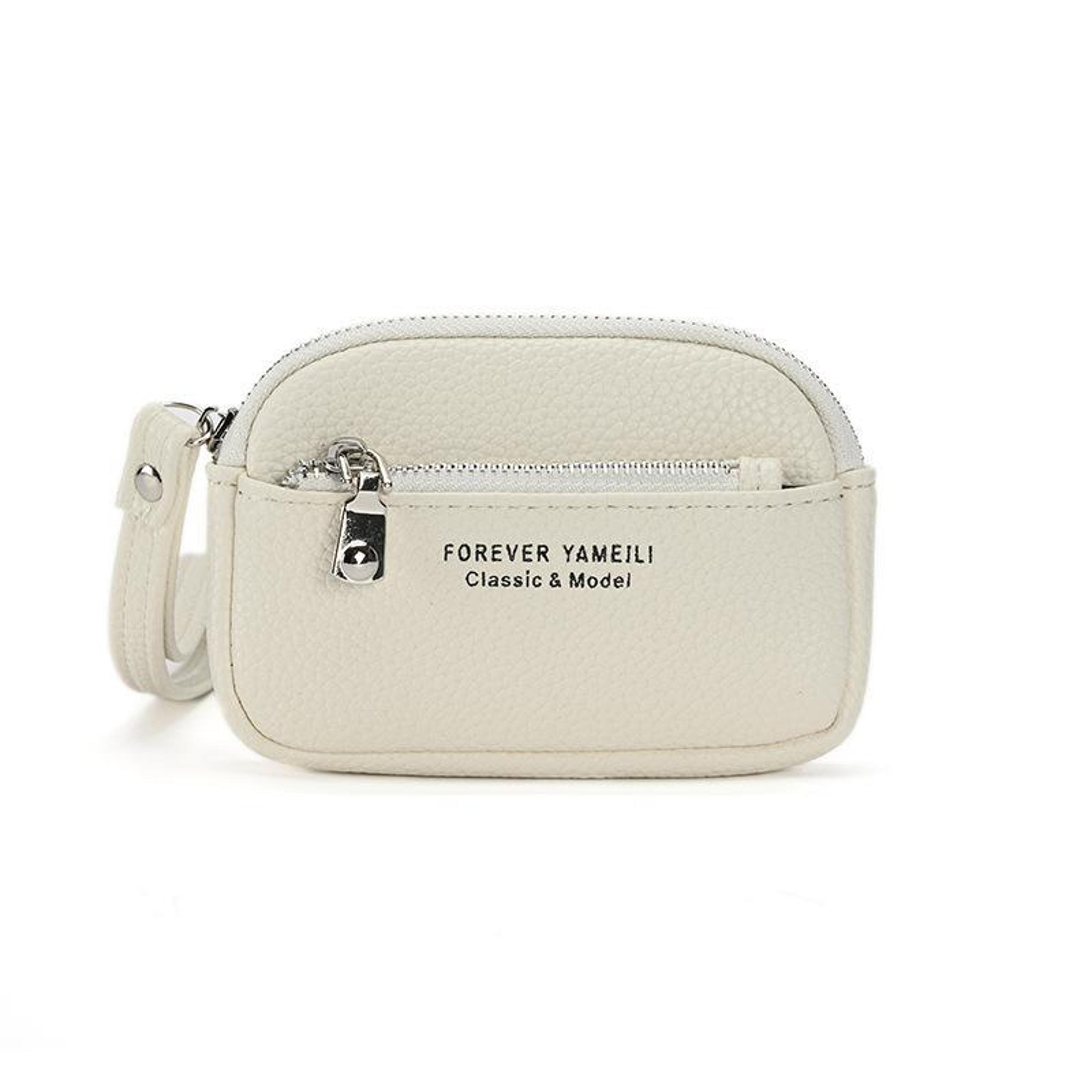 women dual zipper coin purse and card holder minimalist beige wristlet wallet