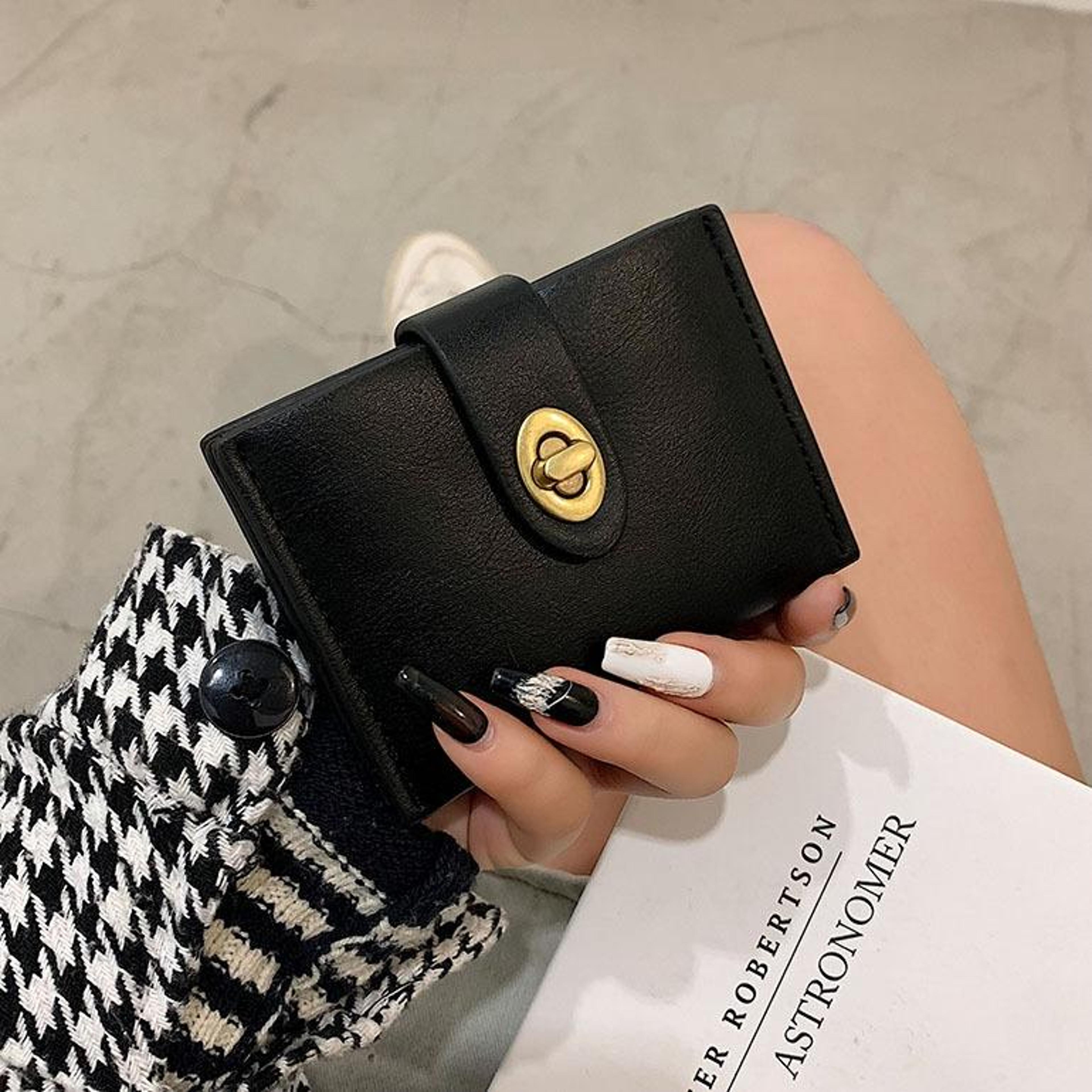 mini retro pu leather card bag multi slot lock coin purse in black