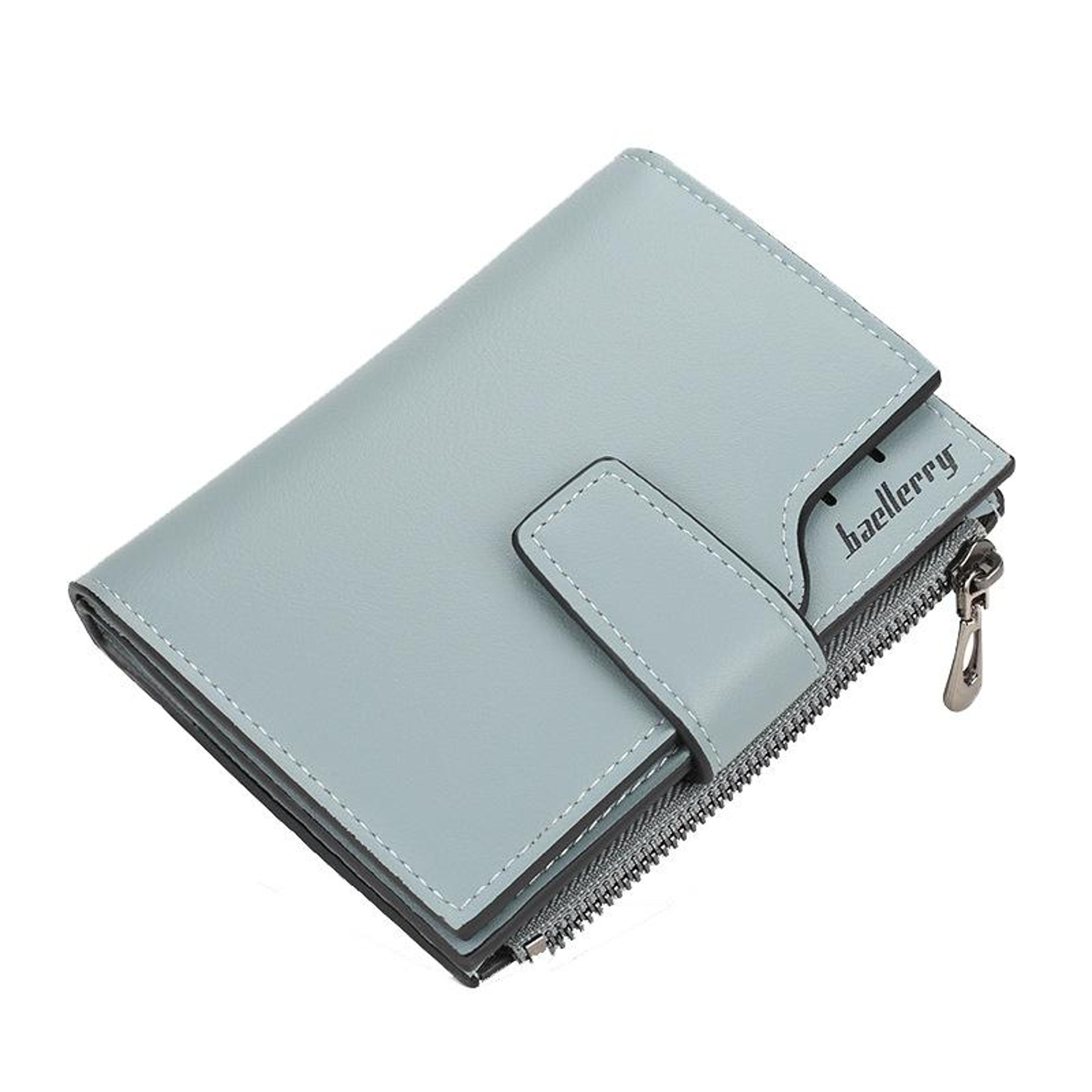 womens compact wallet with multiple card slots and zipper buckle
