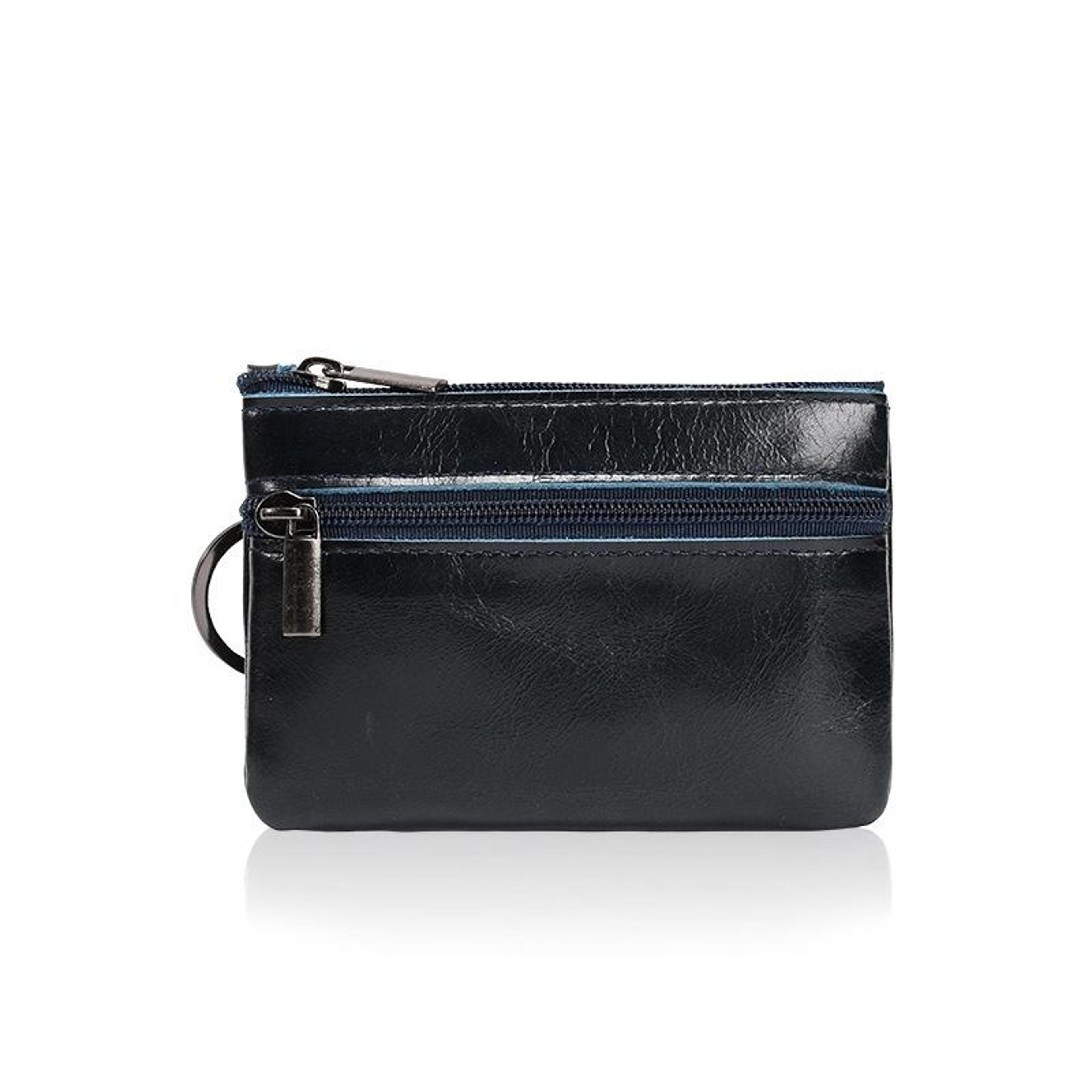 leather mini coin purse and card holder with dual zipper compartments