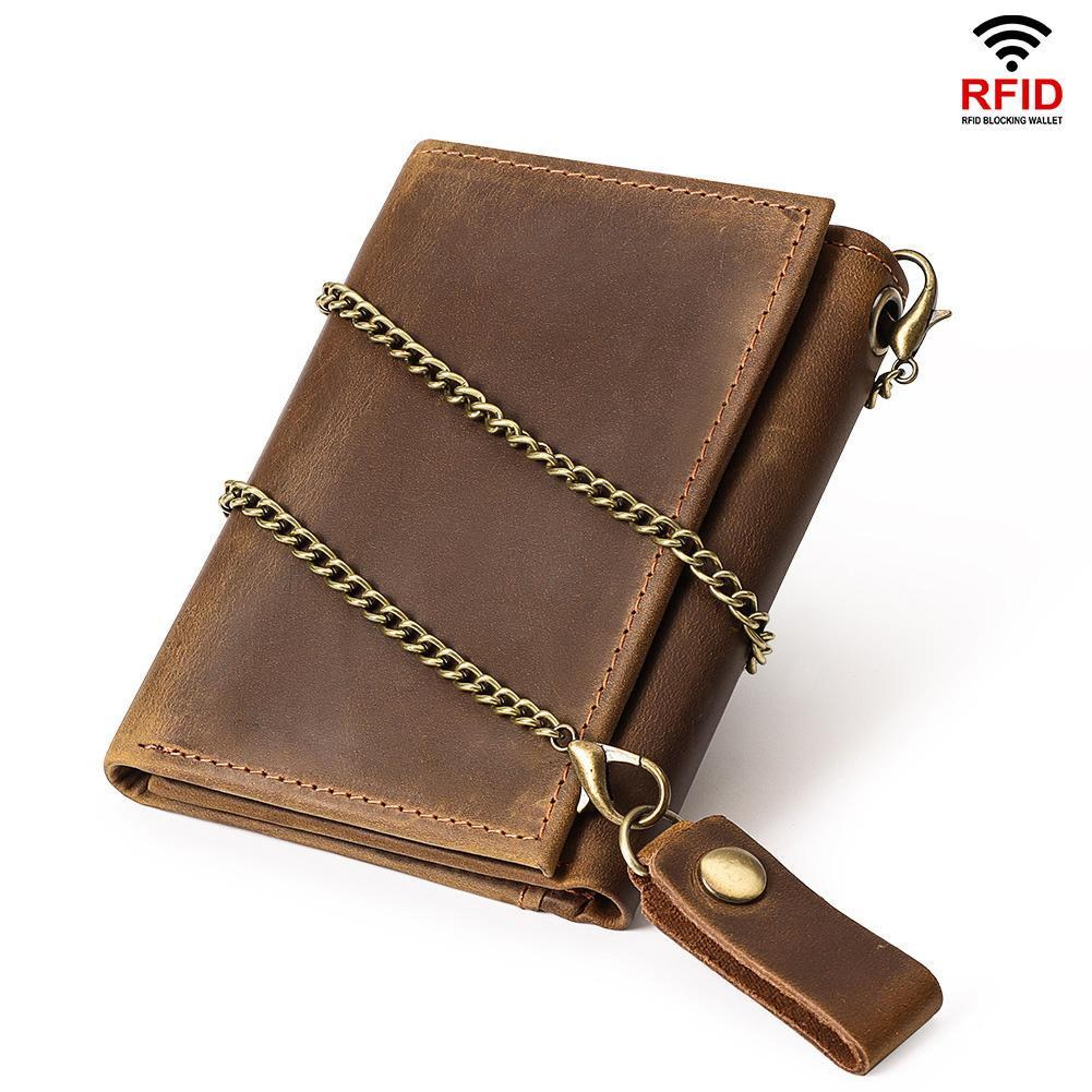 leather rfid blocking trifold wallet with coin pocket and metal chain