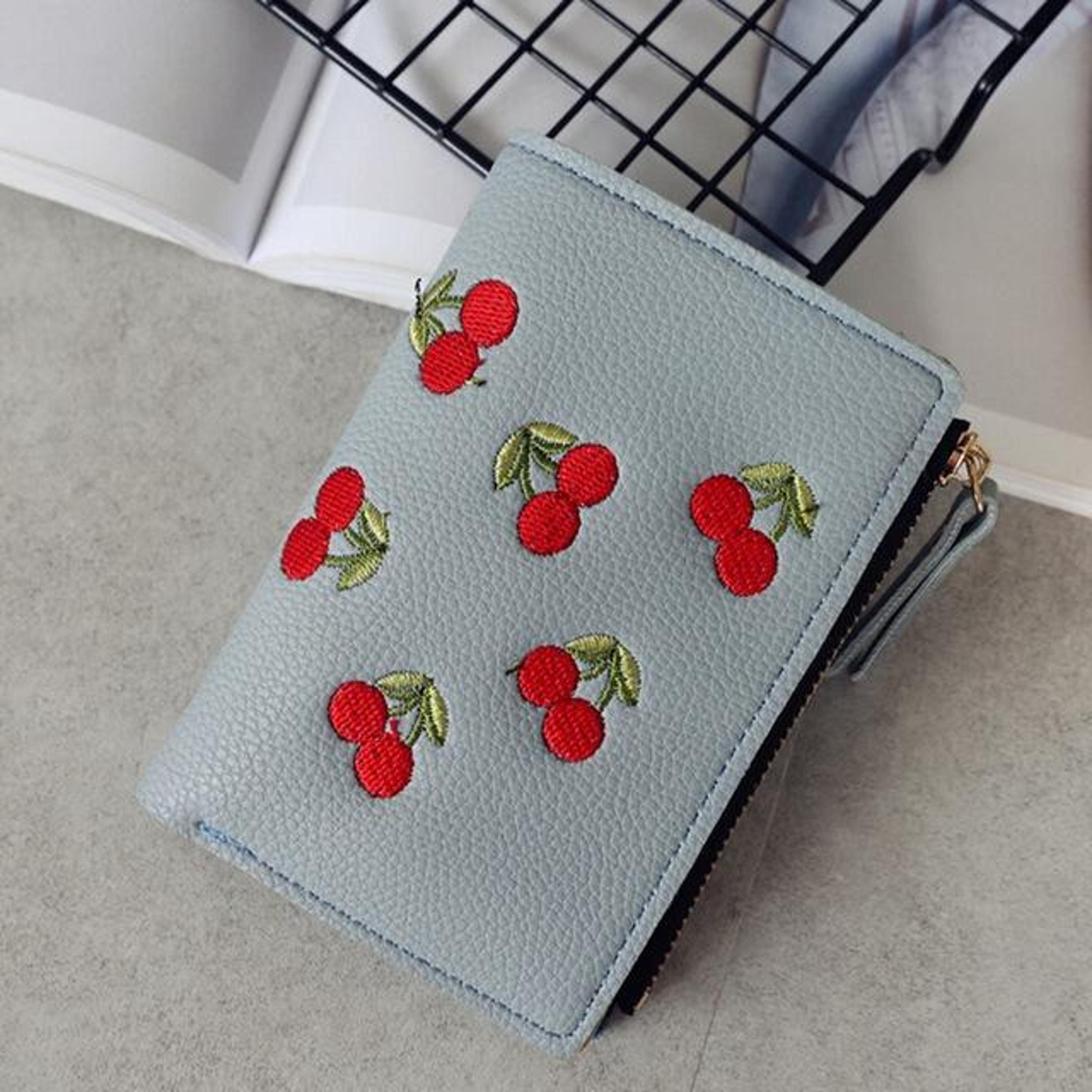 pu leather cherry embroidery coin purse card holder in gray blue