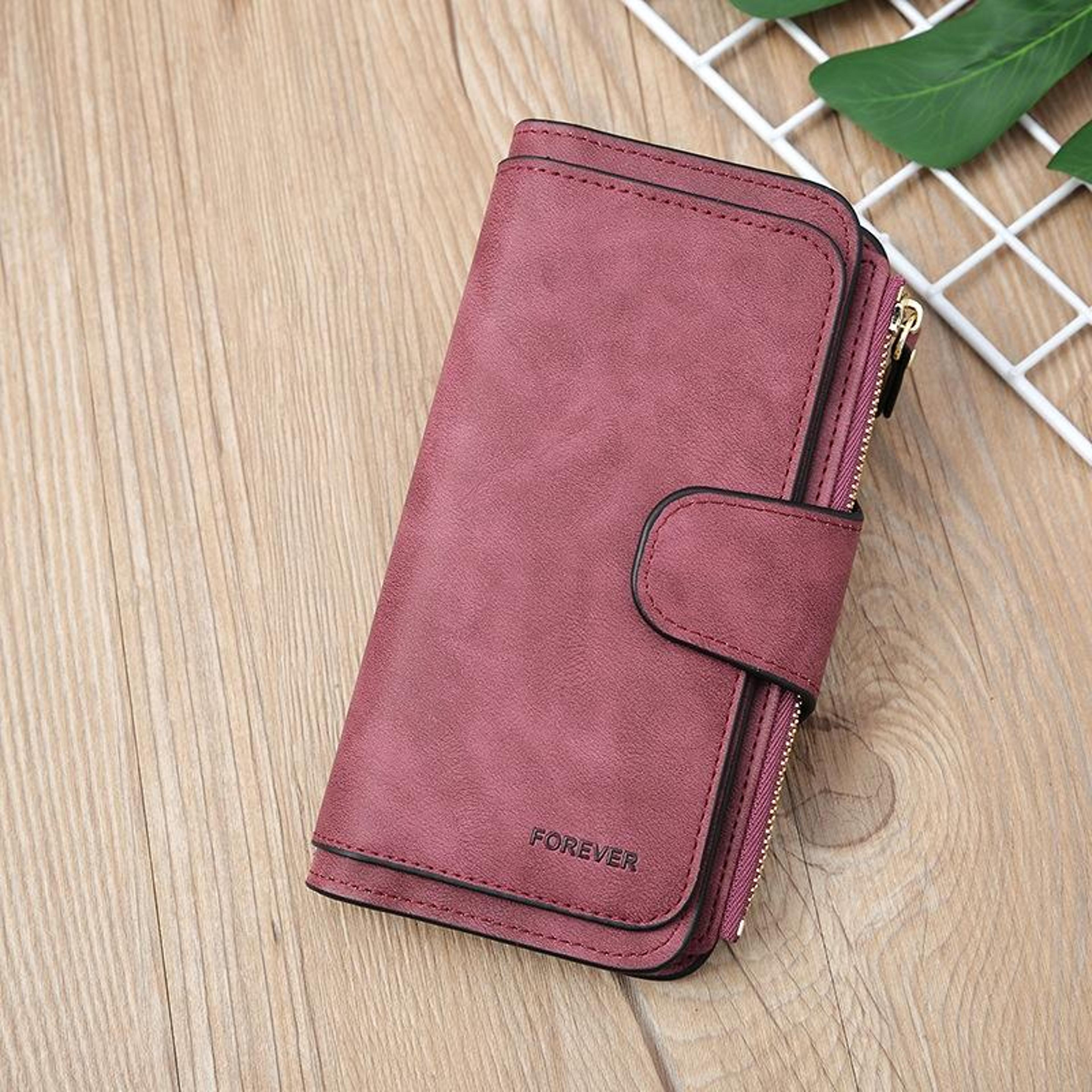 purple red pu leather long wallet clutch with zipper and card slots