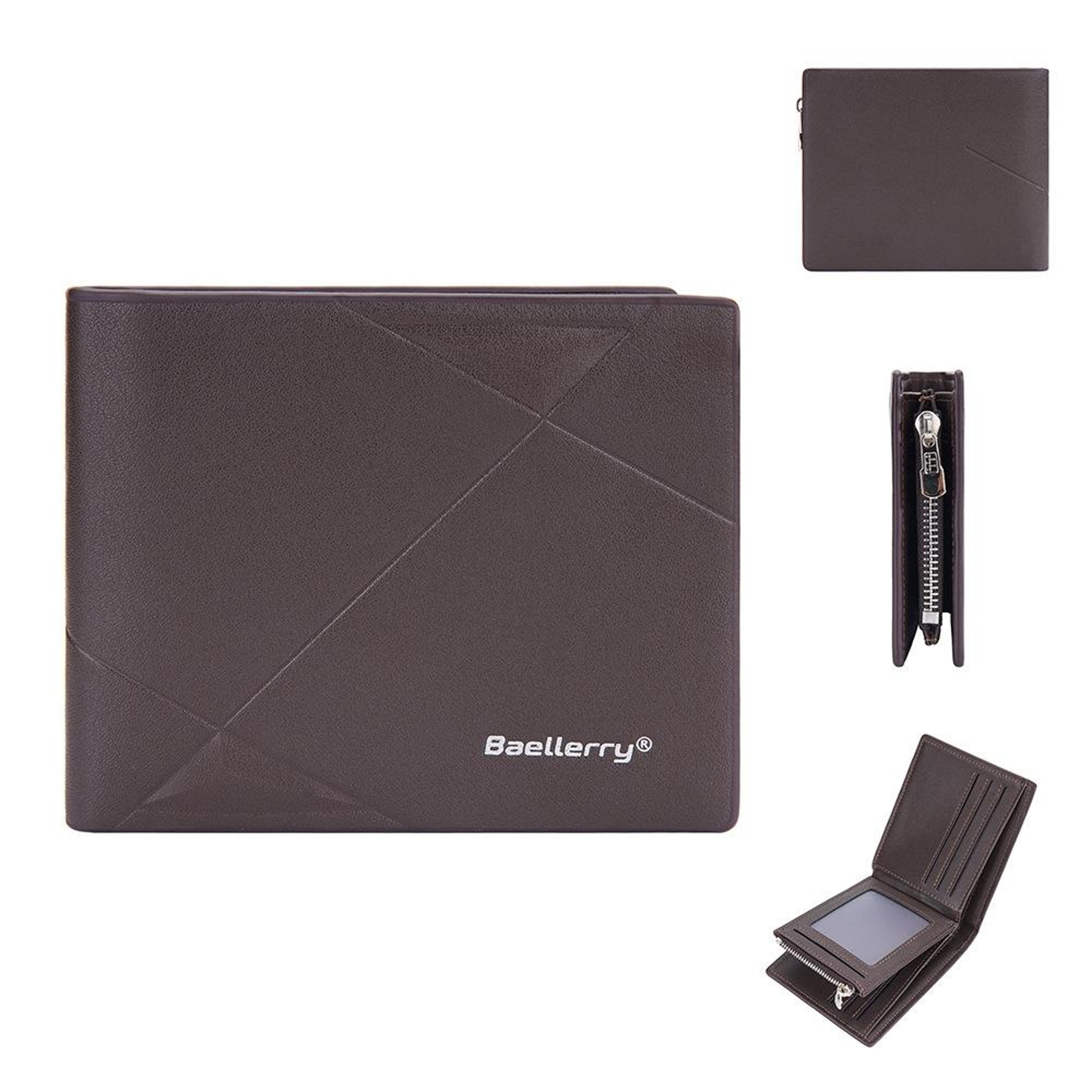 mens short leather wallet with multiple card compartments and zipper coin pocket