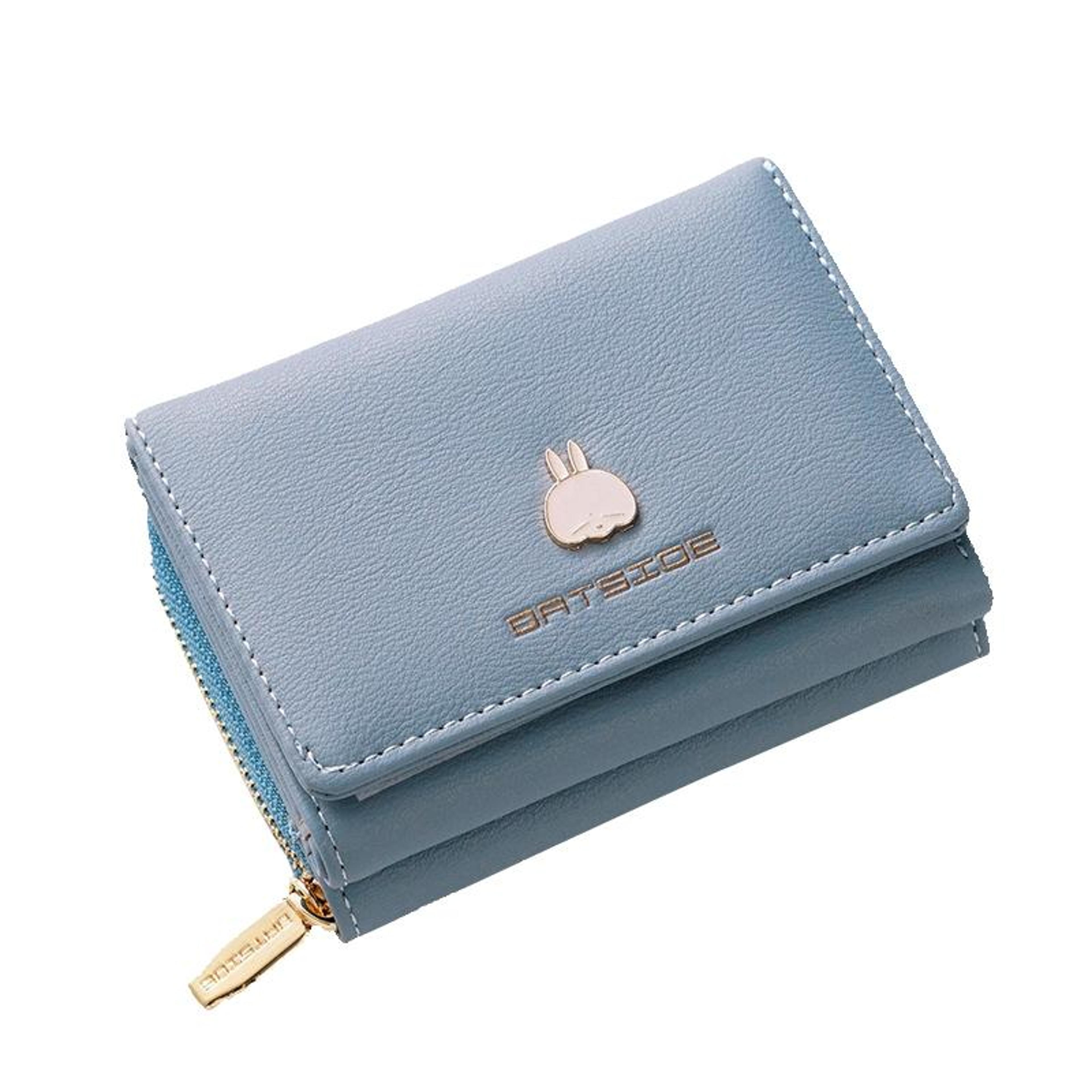 womens tri fold wallet with zipper and cartoon charm in light blue