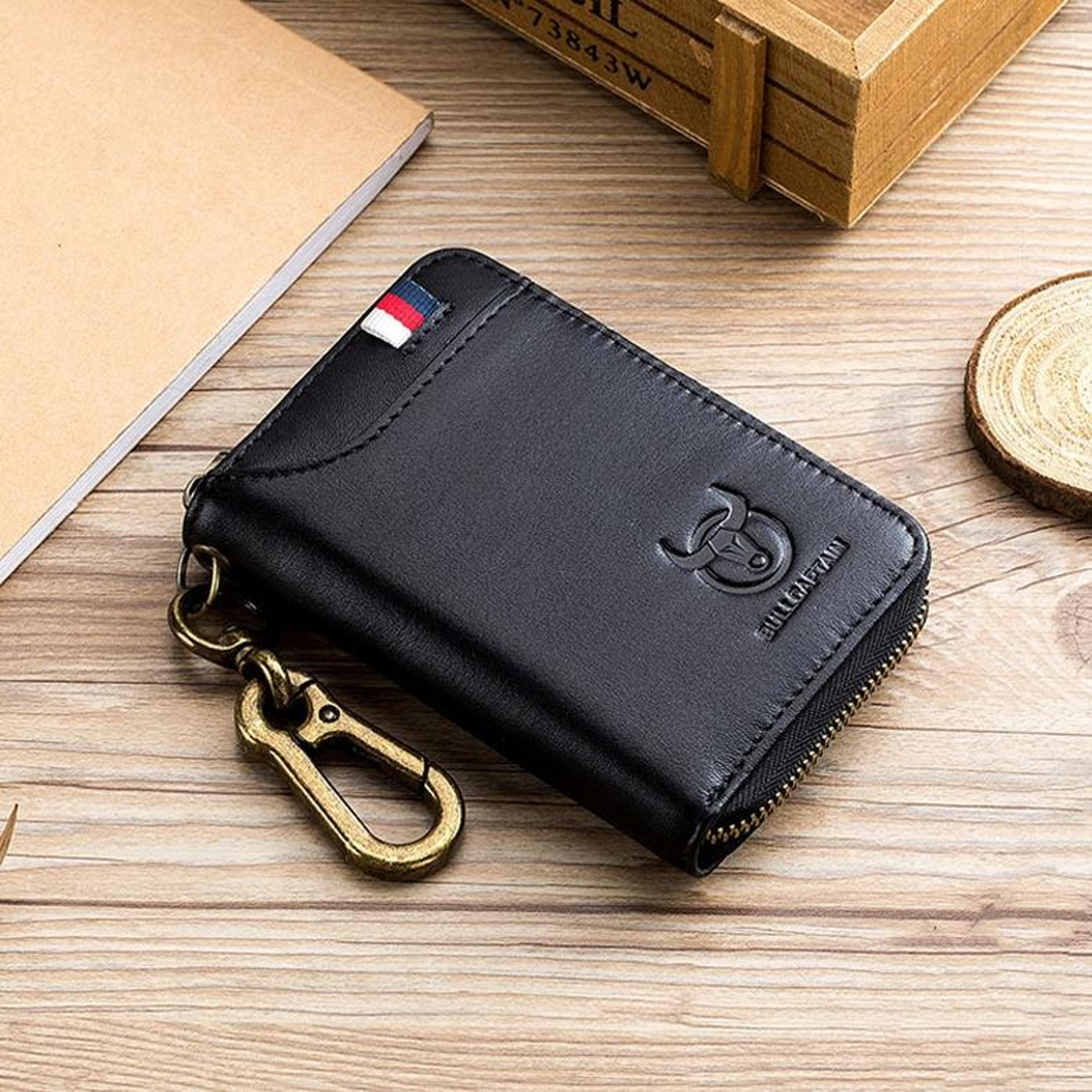 black leather coin purse with rfid blocking and zipper closure