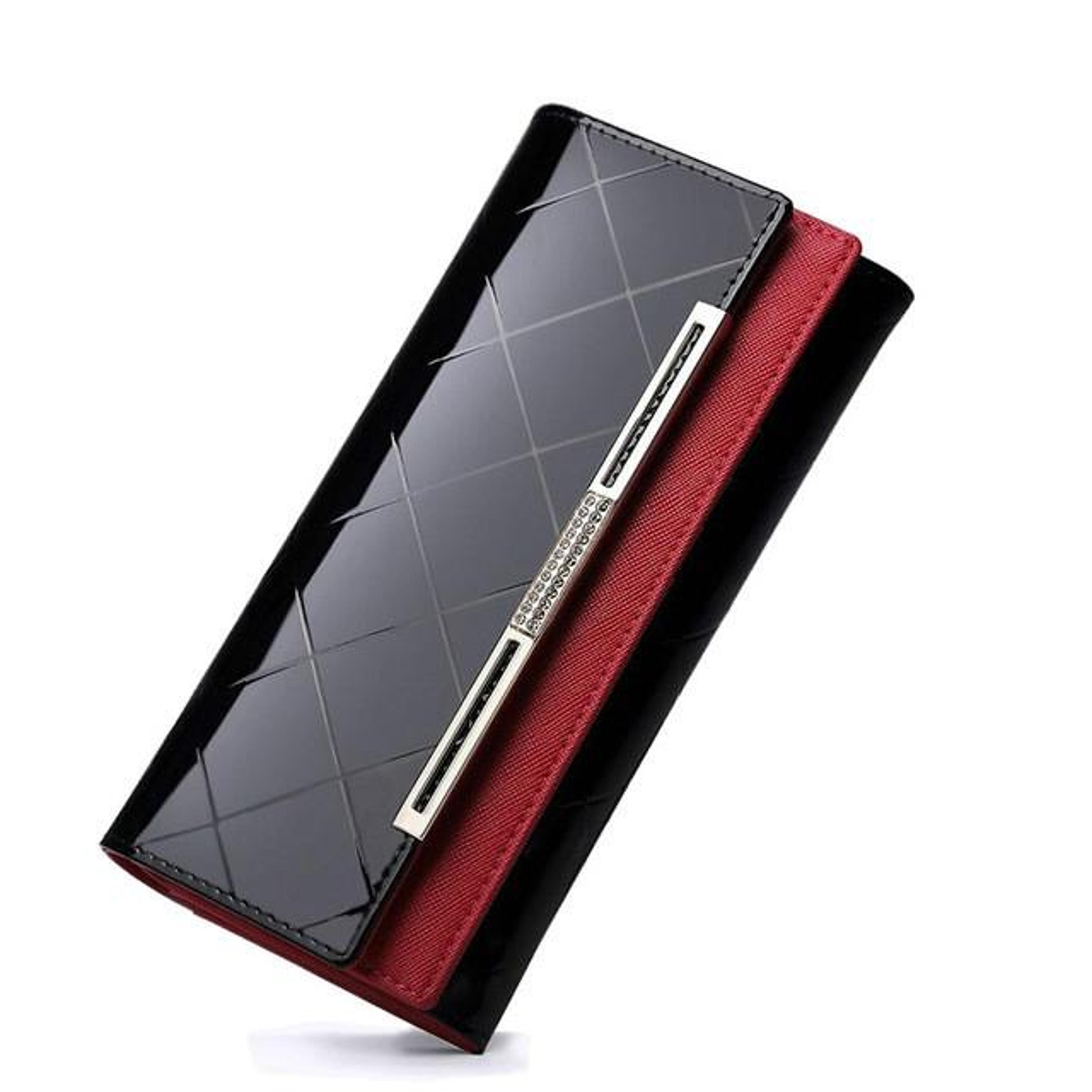 black patent leather womens long wallet with card slots and clutch design
