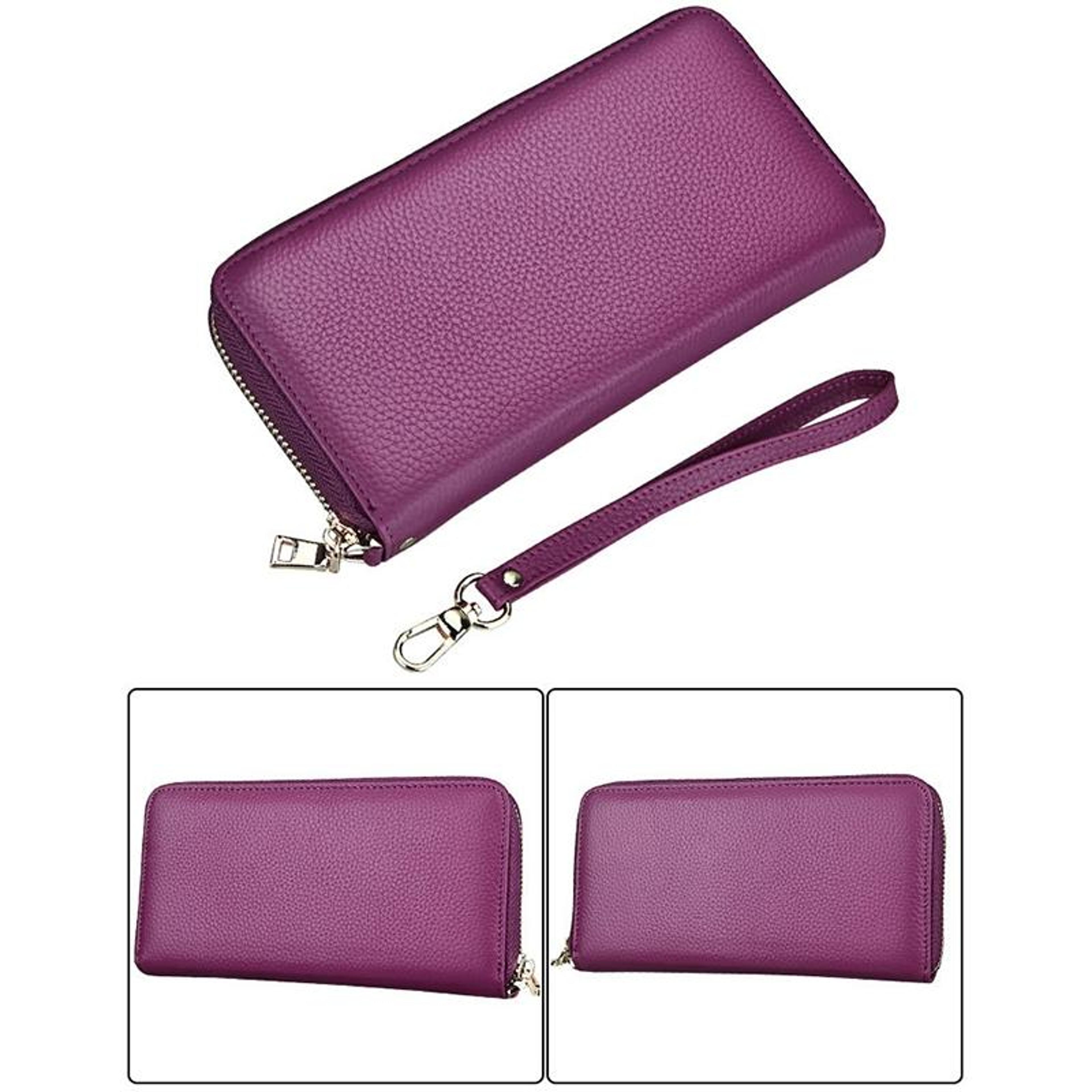 purple genuine leather zipper wallet for women with rfid blocking protection