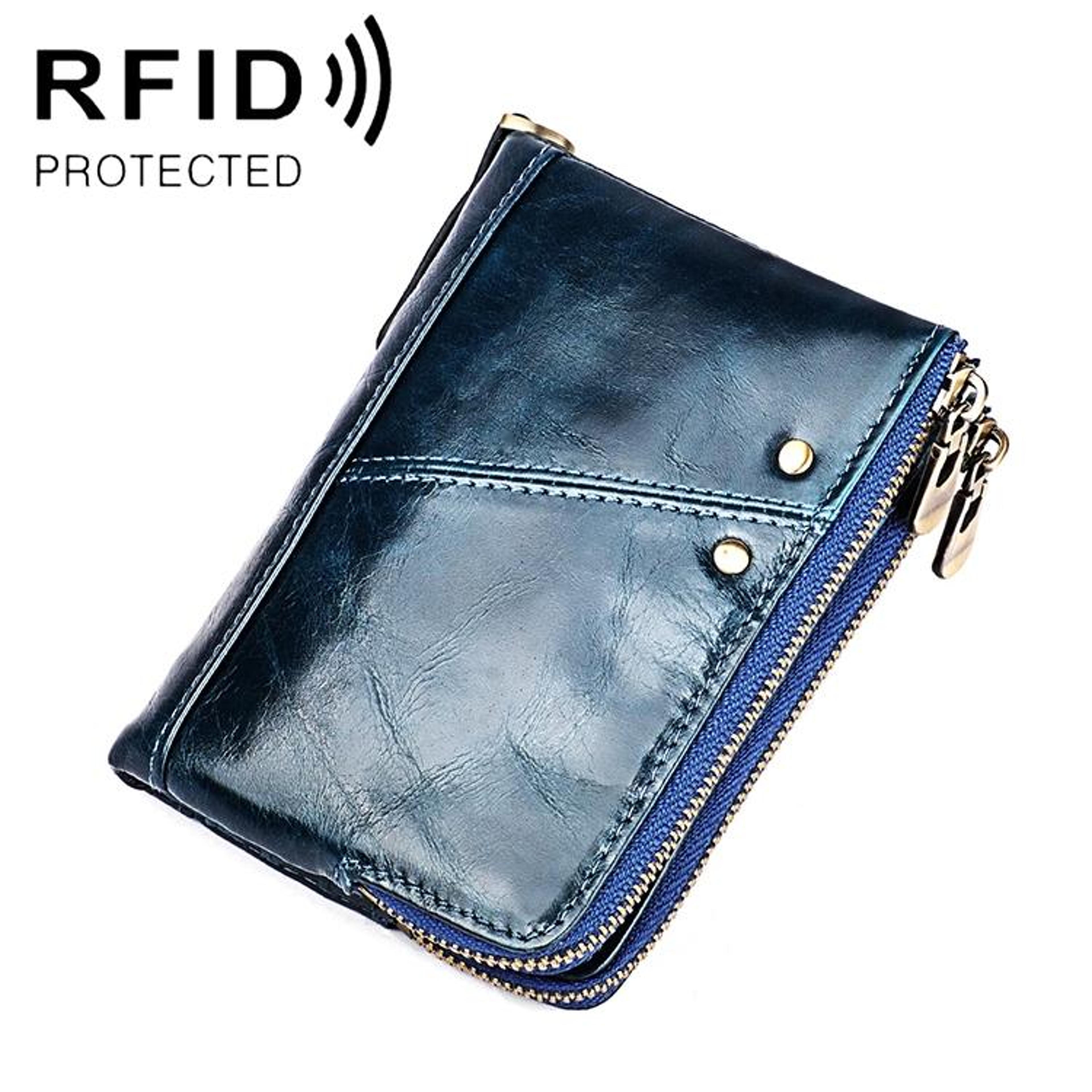 mens rfid leather wallet with crazy horse texture and zipper compartments blue