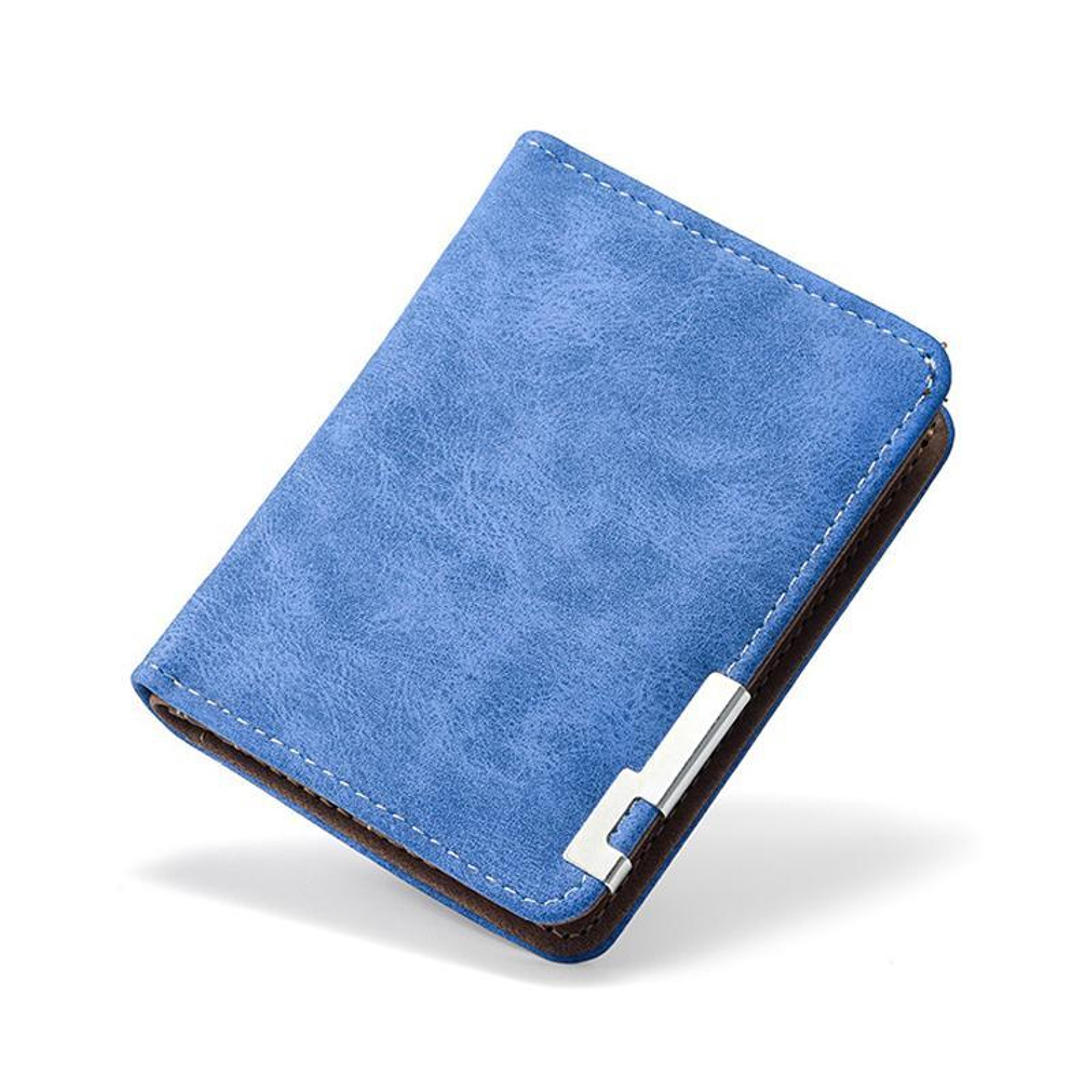 retro mens blue frosted pu leather bifold wallet with card slots and id window