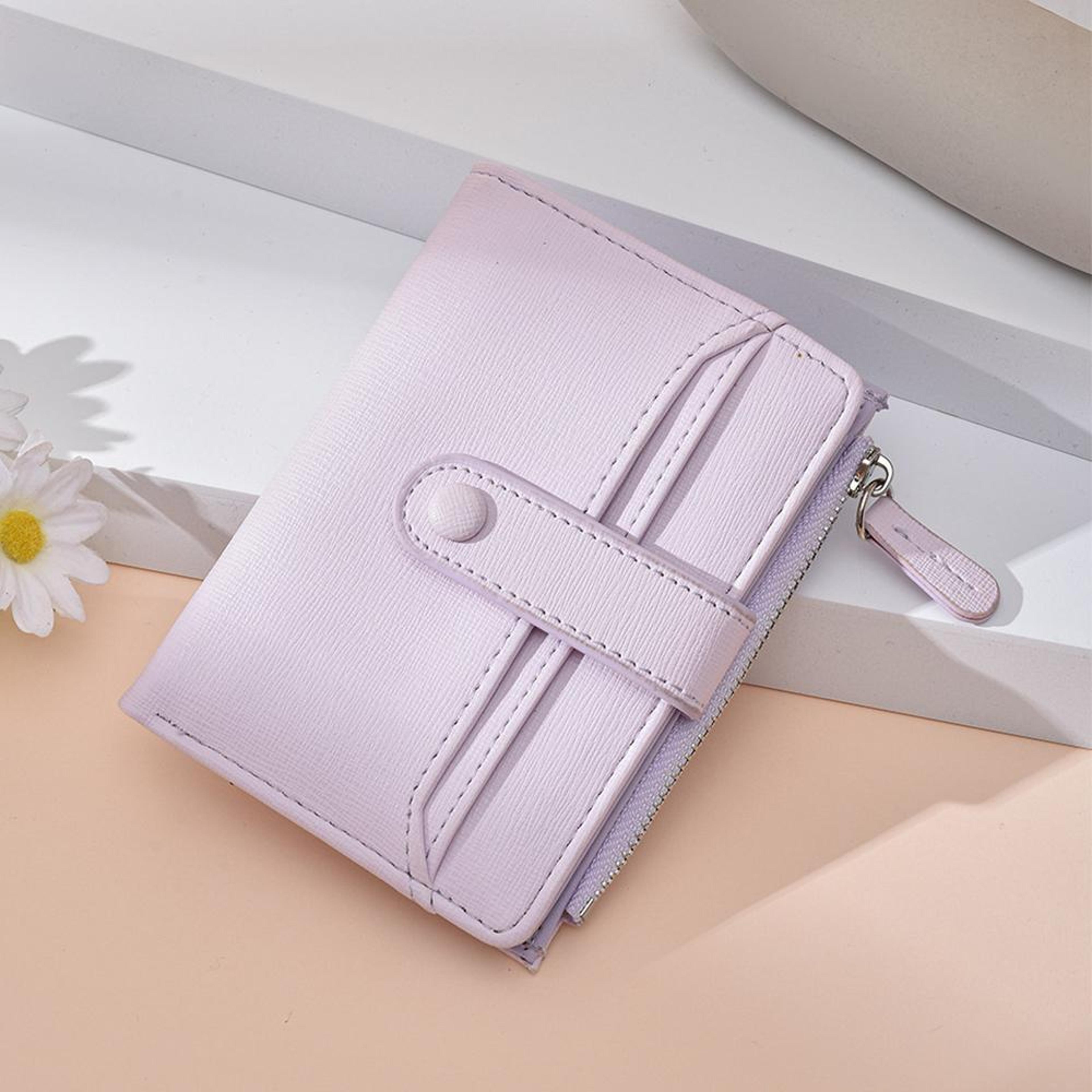 womens compact bifold card wallet with lychee texture light purple