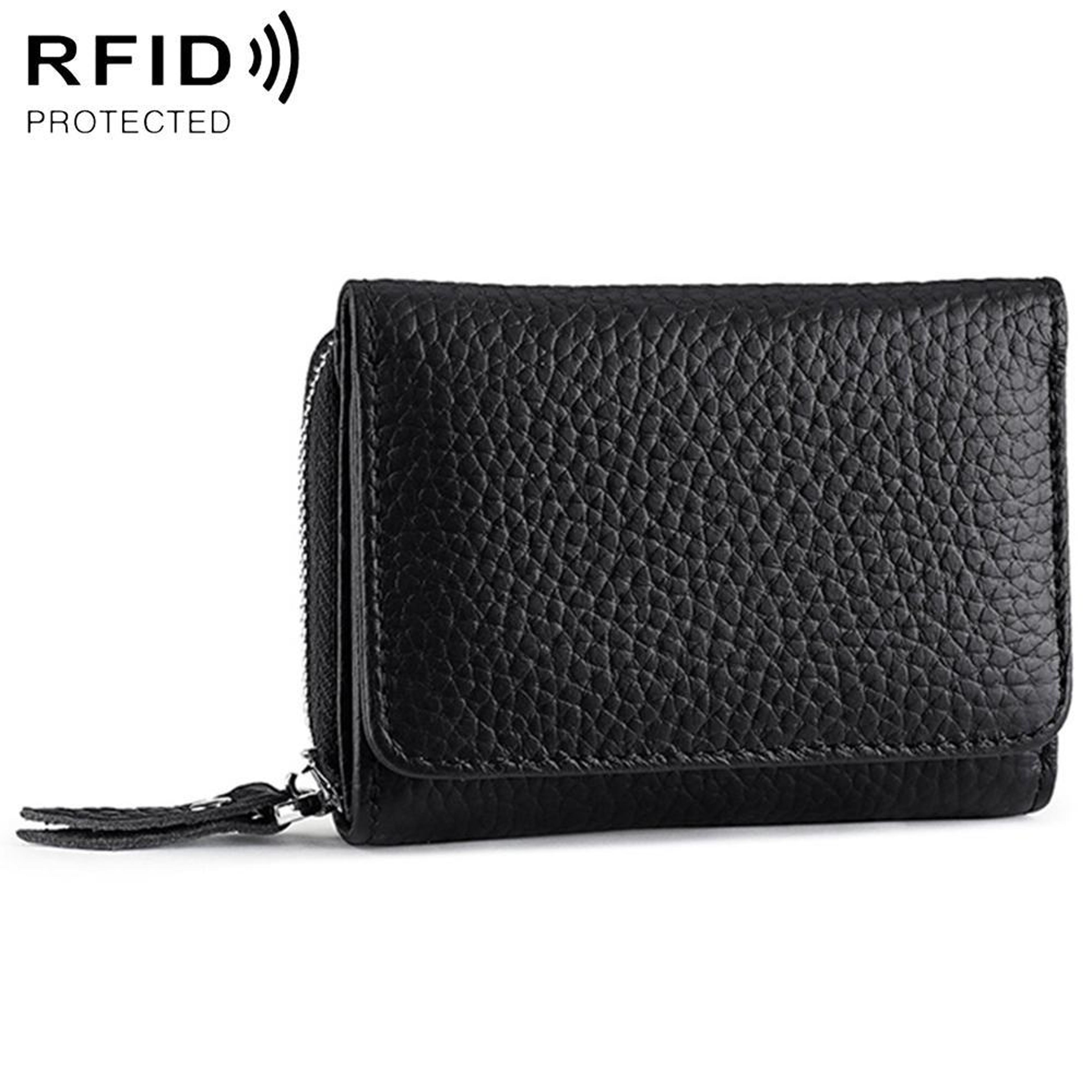 genuine leather tri fold rfid wallet with coin and key storage black