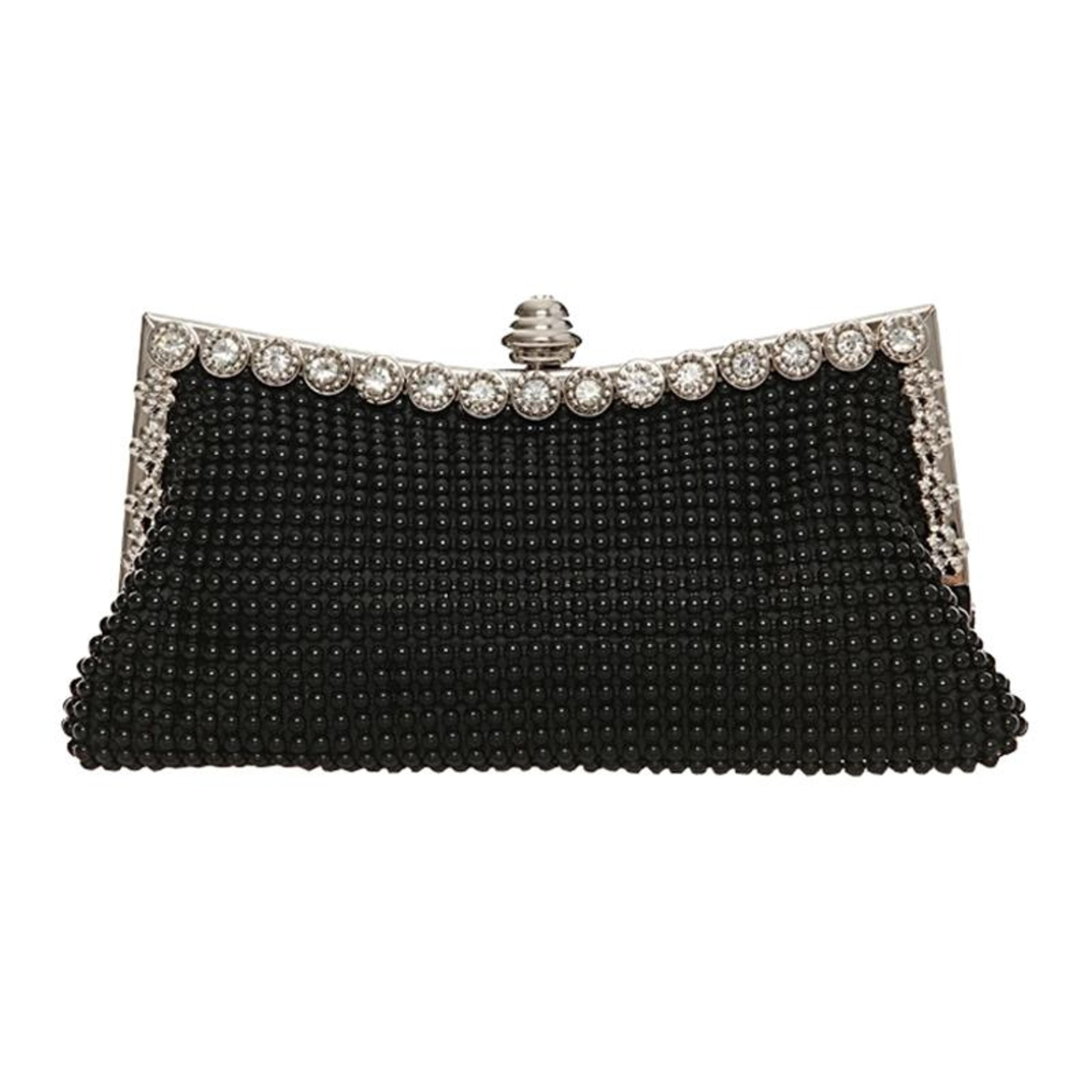 black rhinestone evening clutch bag with satin finish and detachable chain
