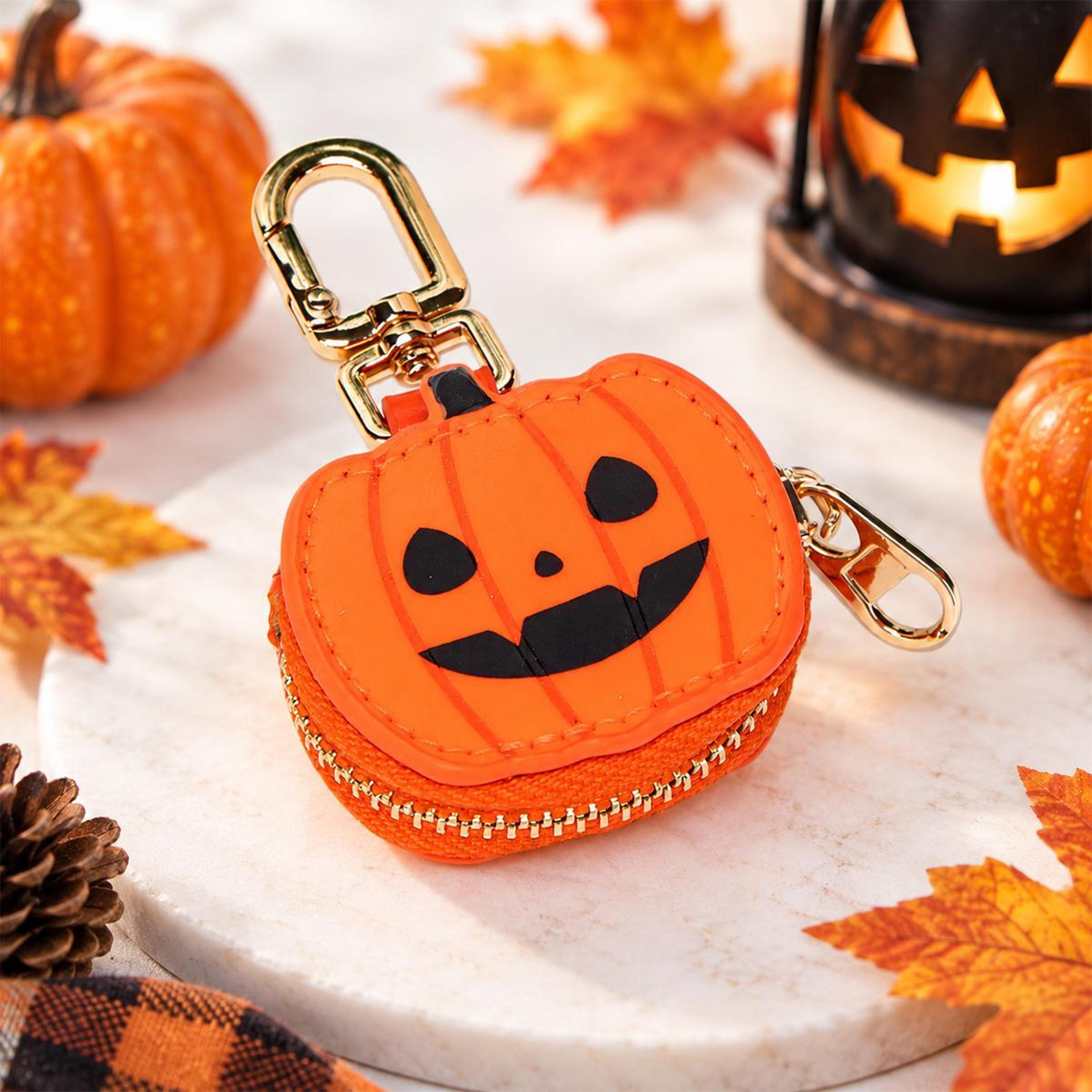 mini pumpkin vegan leather zipper pouch with metal keychain clip