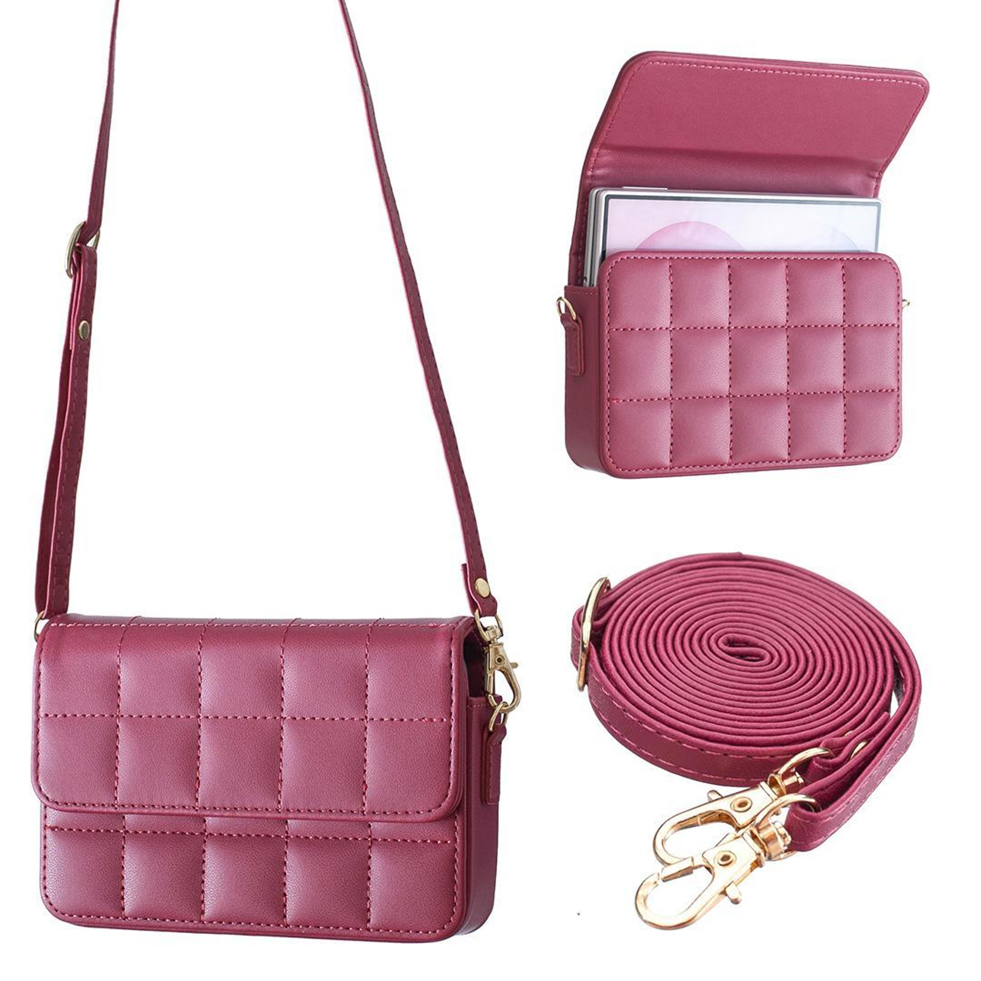 checkered crossbody phone bag with adjustable shoulder strap rose red