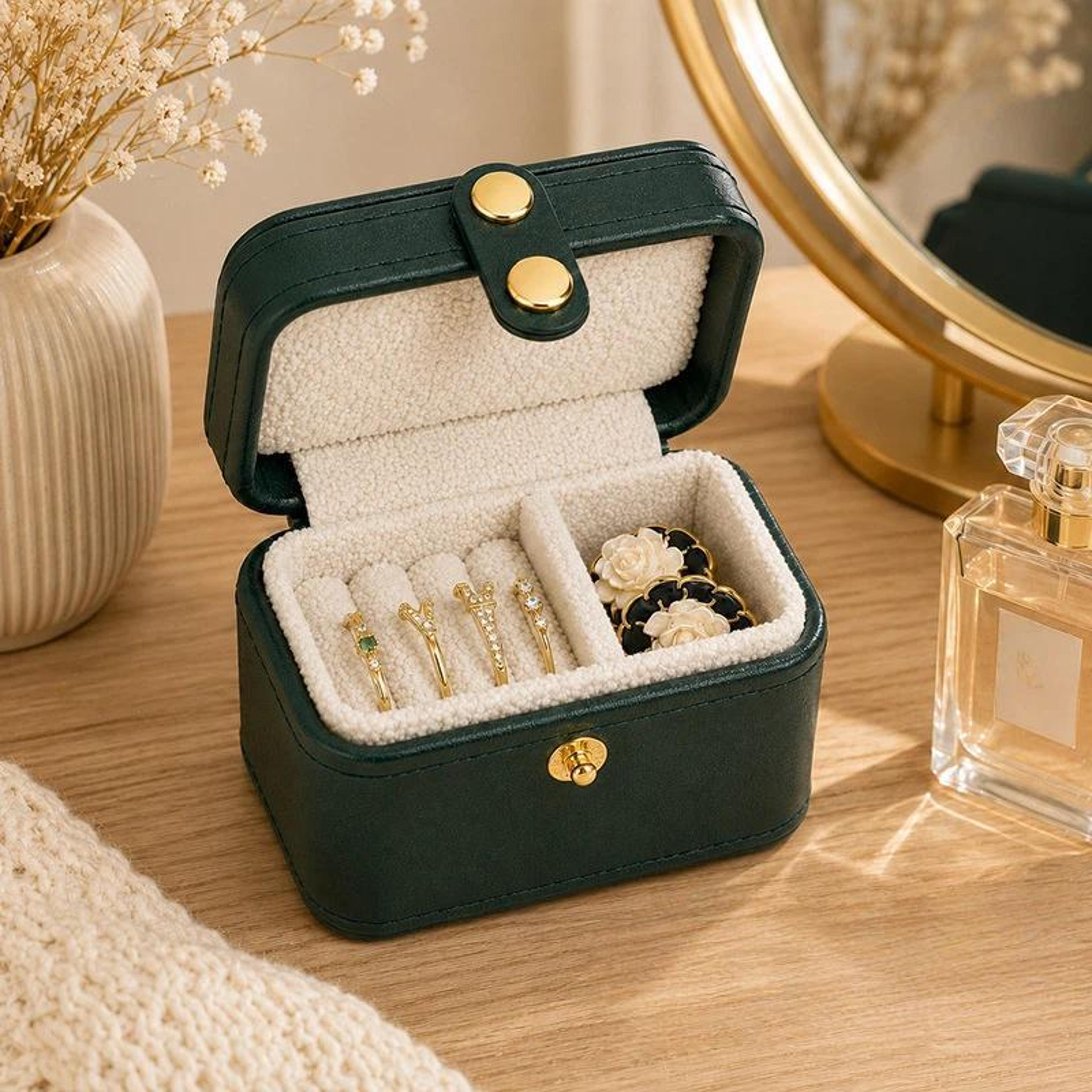mini travel ring box pu leather jewelry organizer with snap closure ink green