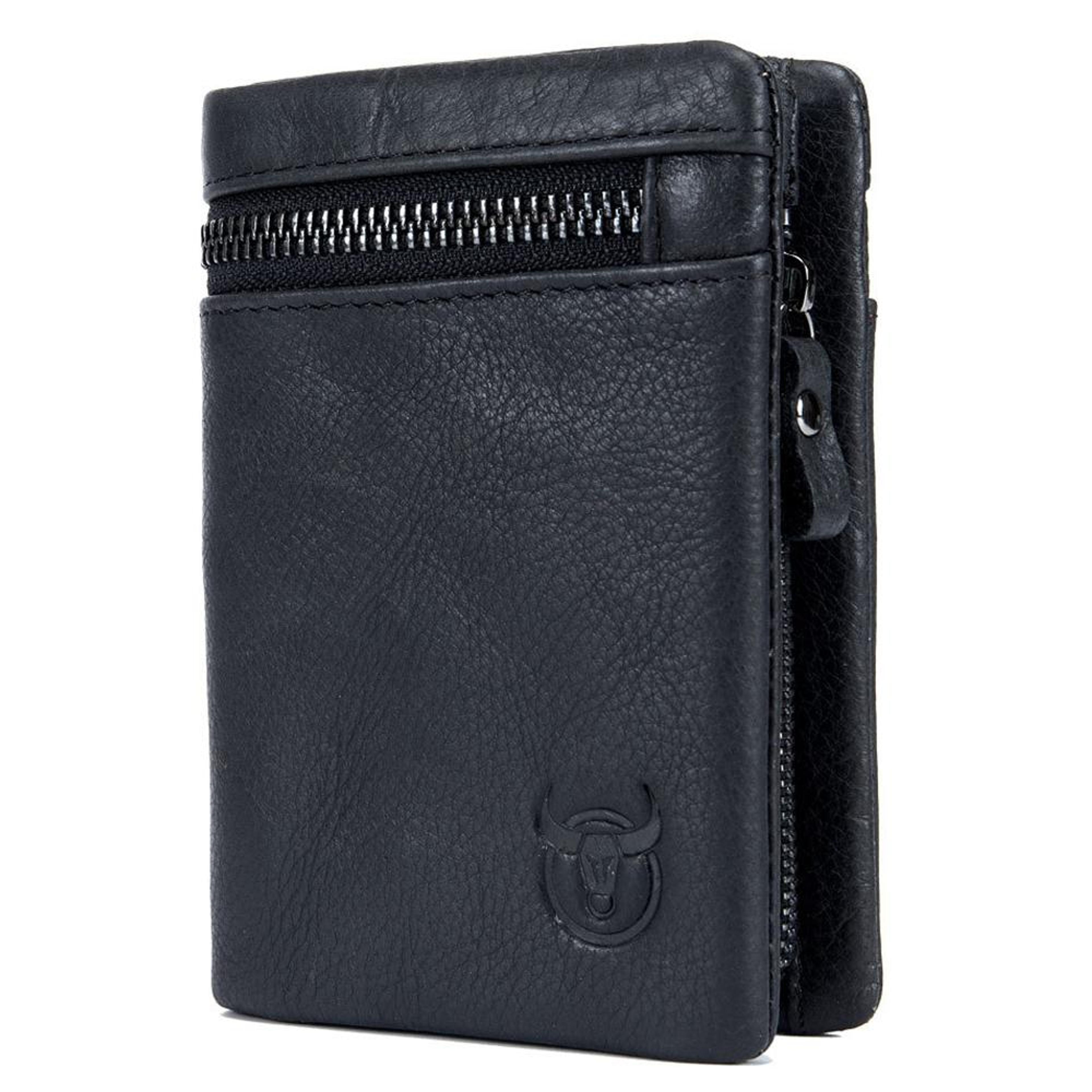 large capacity cowhide leather folding wallet with multi card slots and coin purse black