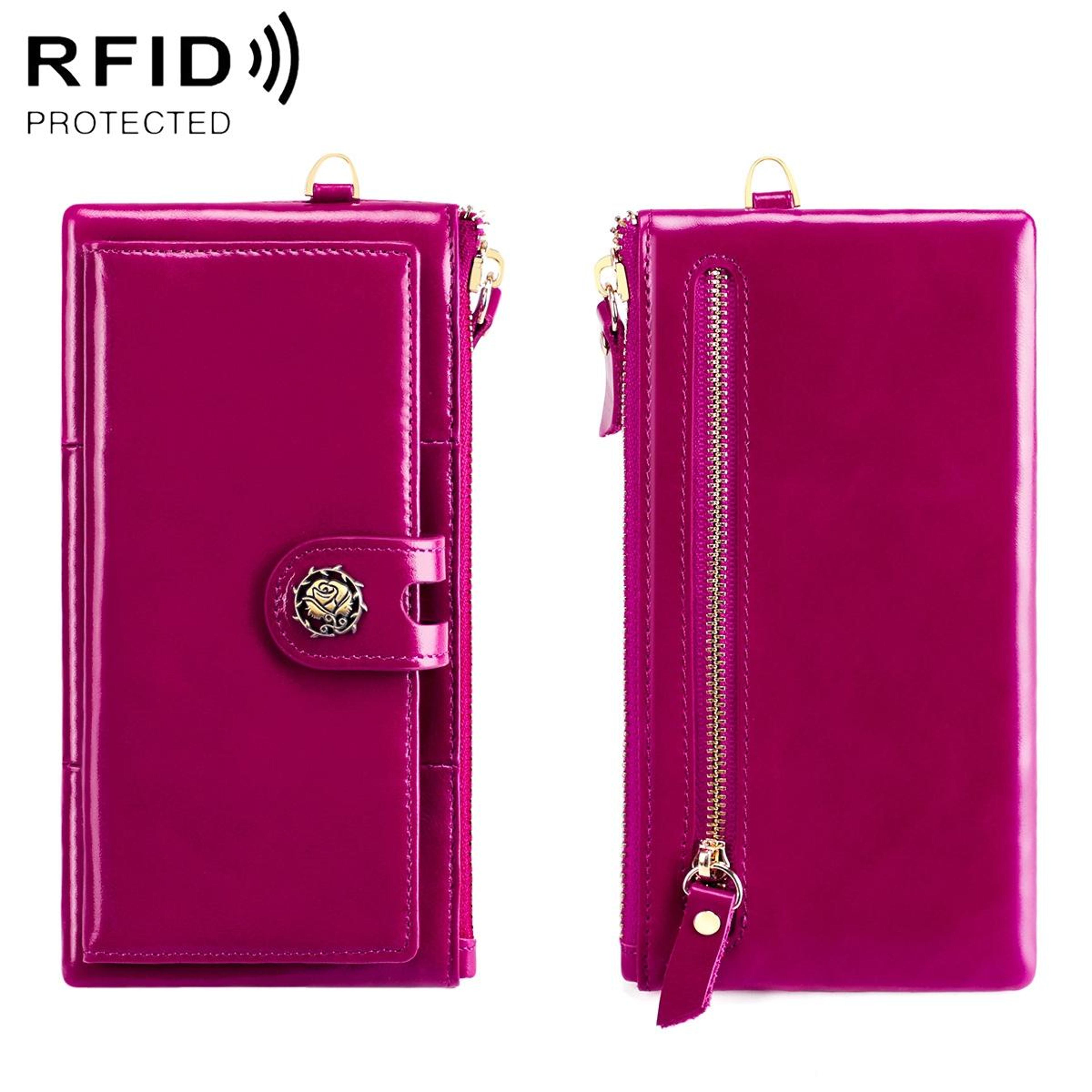 womens rfid blocking genuine leather wallet with zipper and buckle closure purple