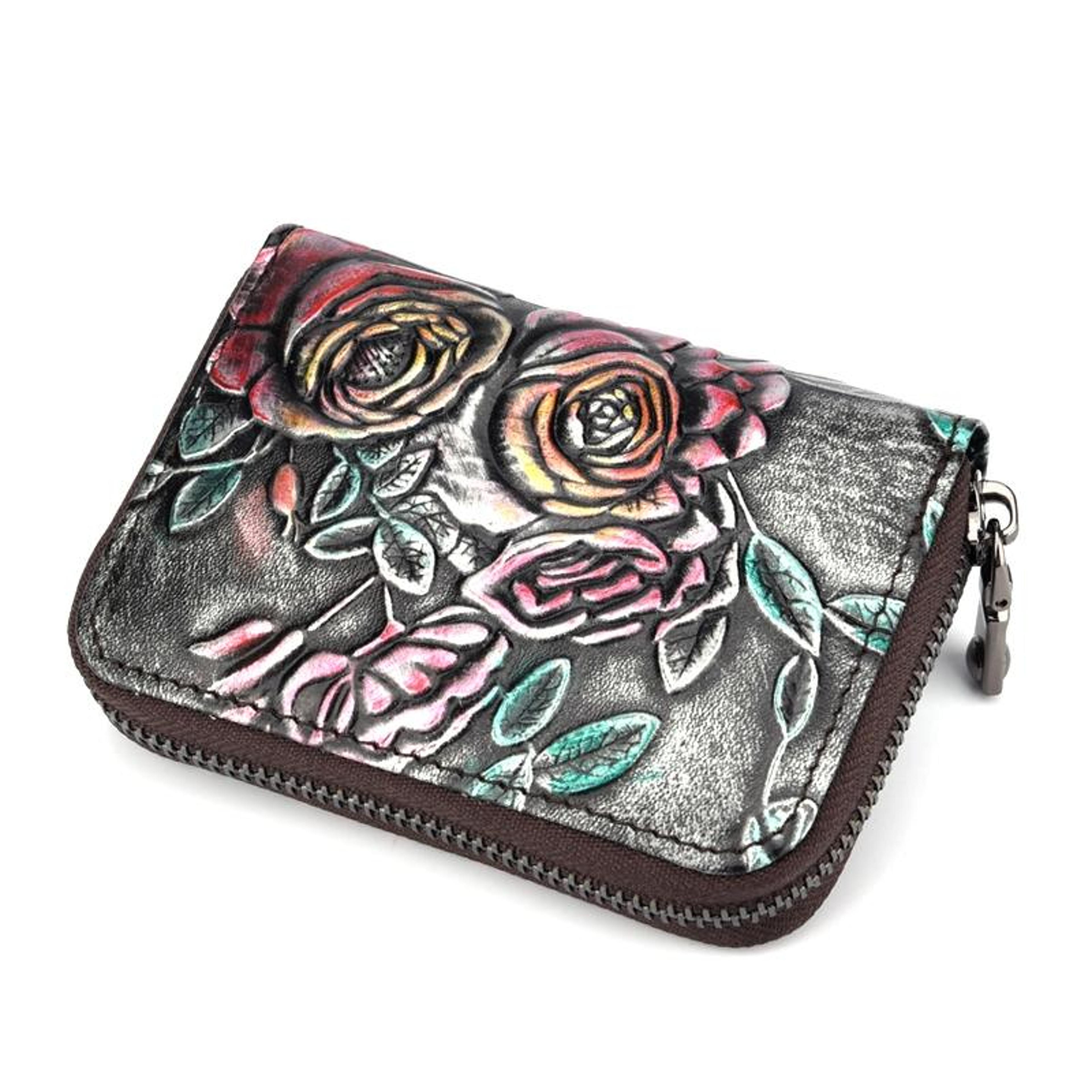 womens leather zipper card holder wallet with 12 card slots silver