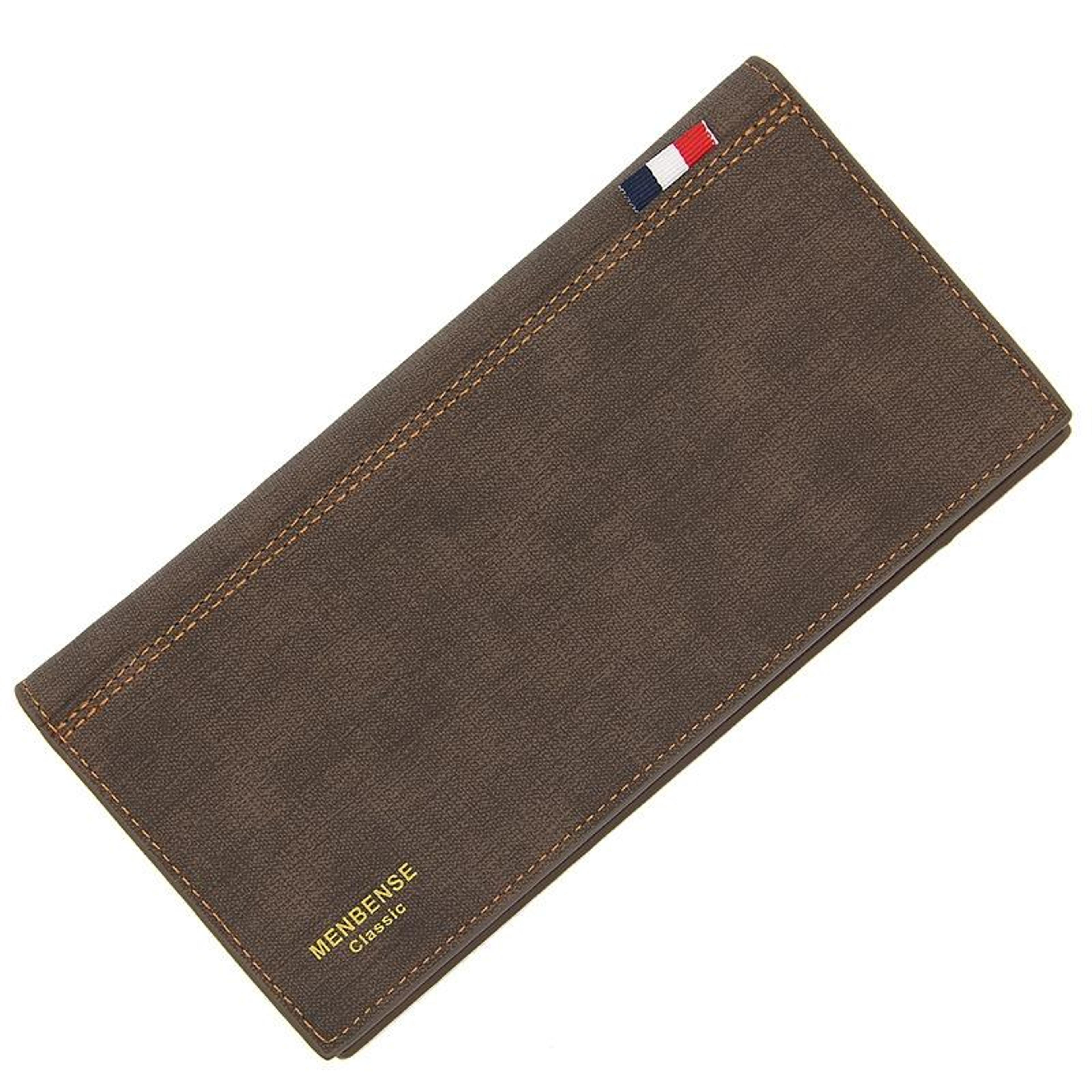 mens long bifold wallet with zippered coin pocket and multiple card slots dark brown