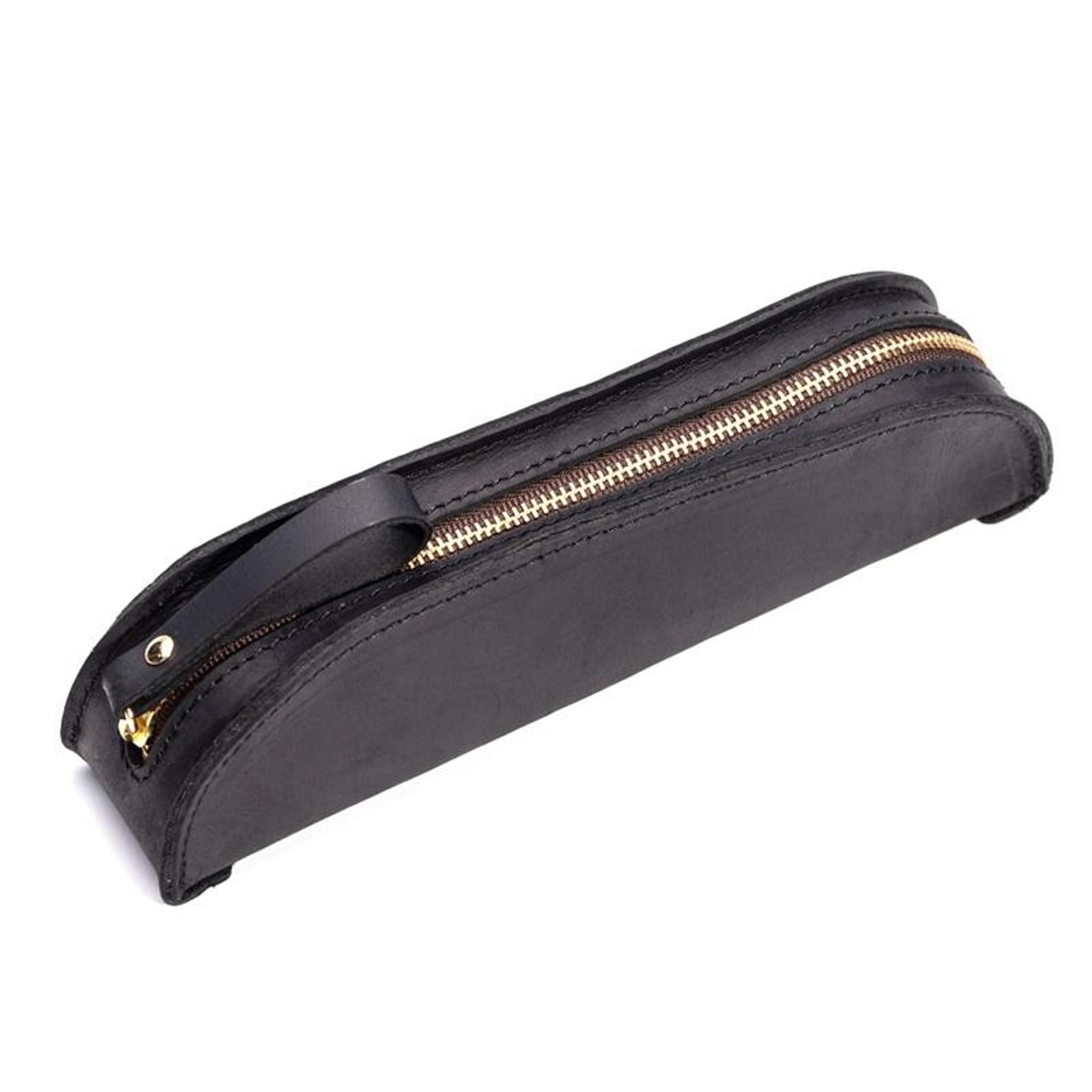 vintage genuine leather zipper pencil case in black 18 pen storage pouch