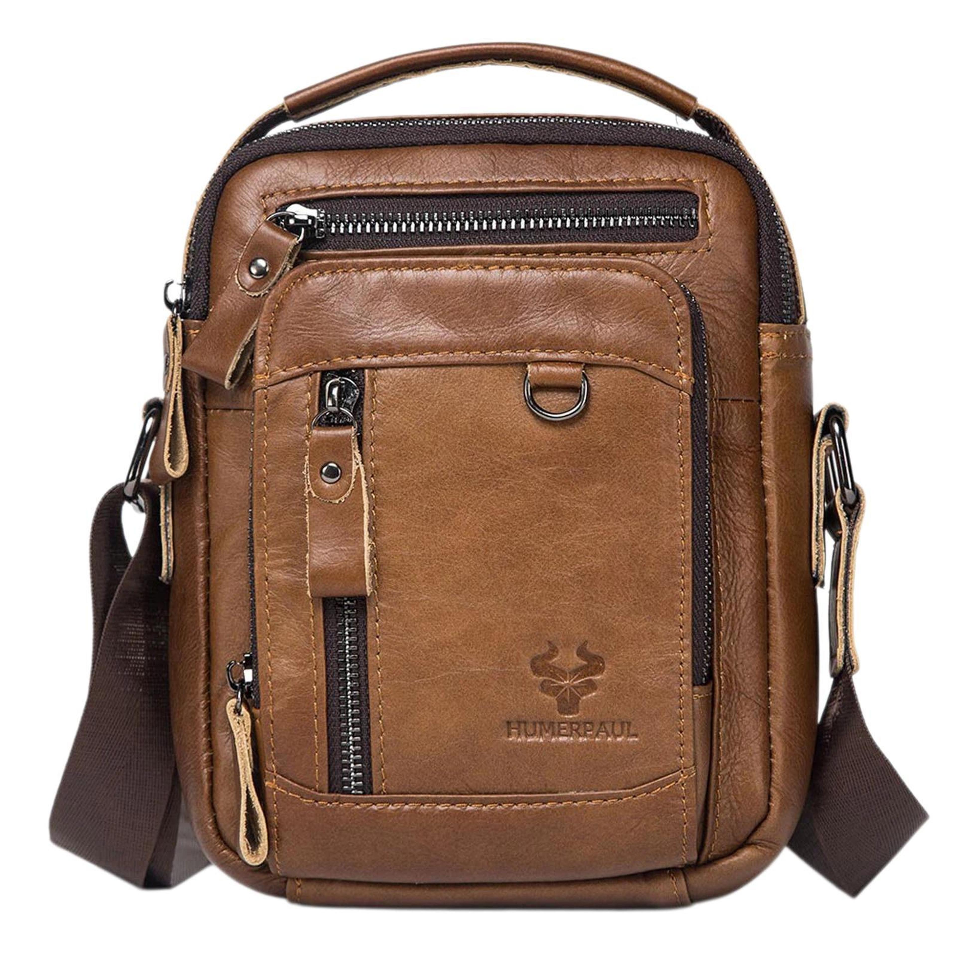 vintage leather mens crossbody shoulder bag with adjustable strap light brown