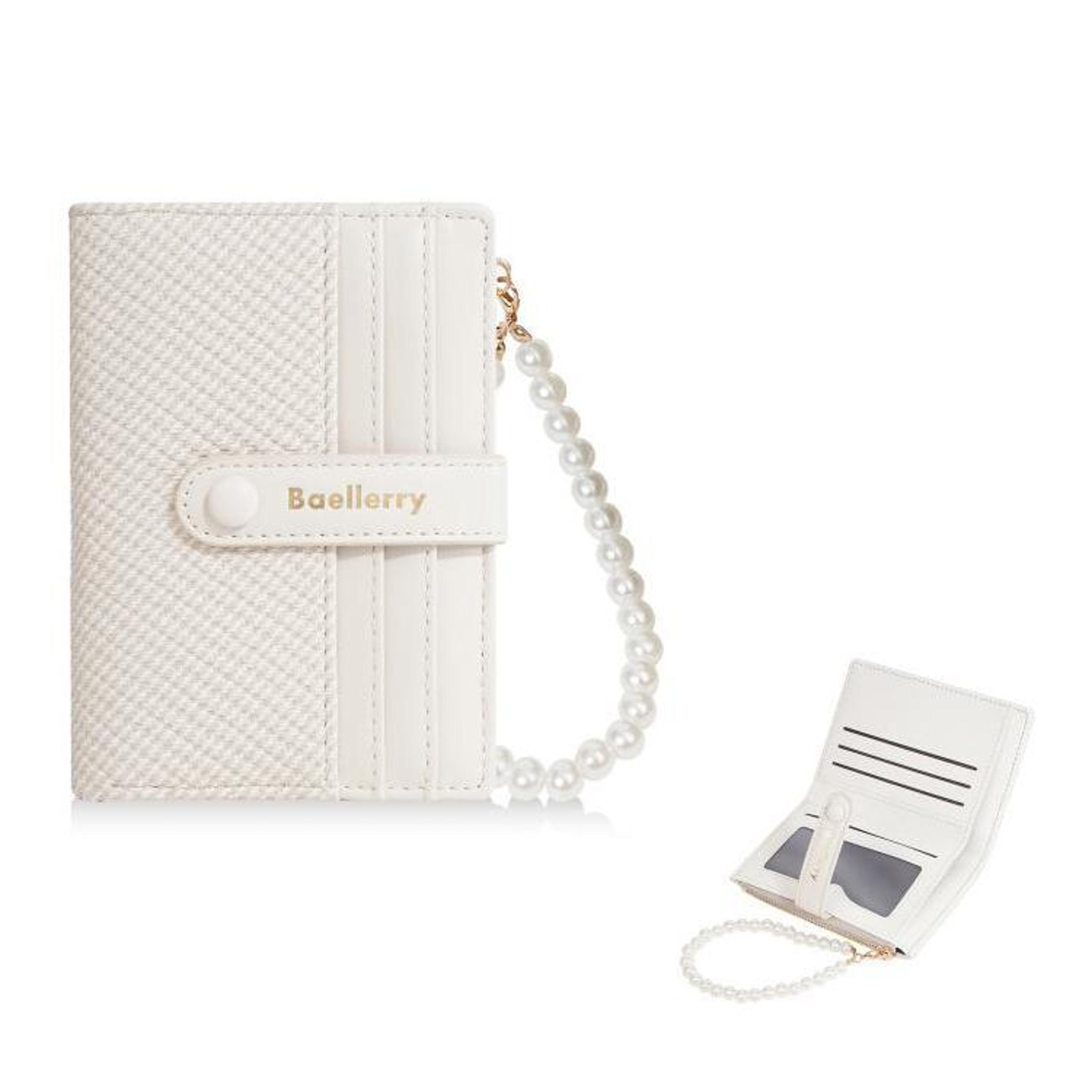 womens compact pu leather wallet with pearl chain wrist strap and zippered coin pouch