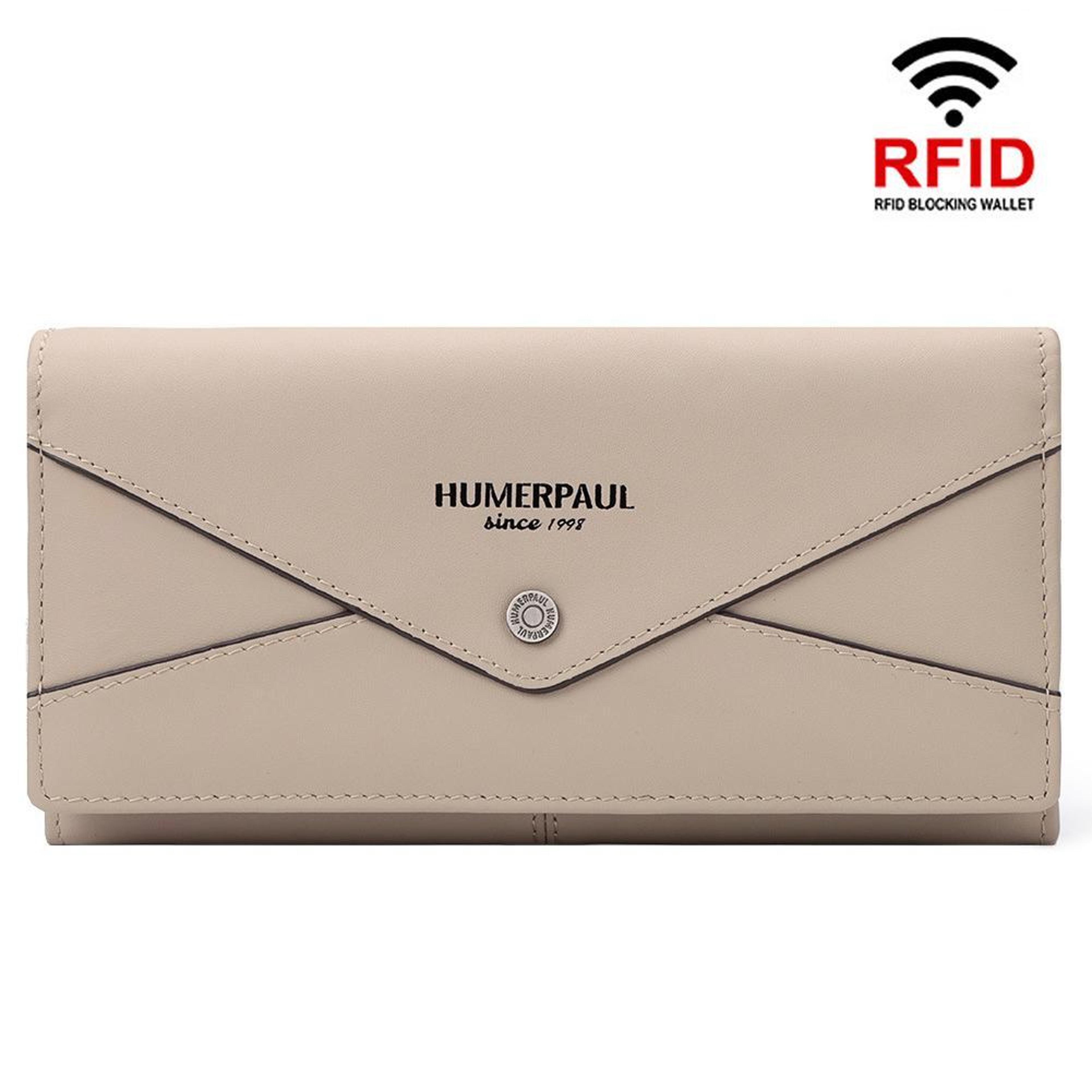 womens beige leather rfid long wallet with multi card holder