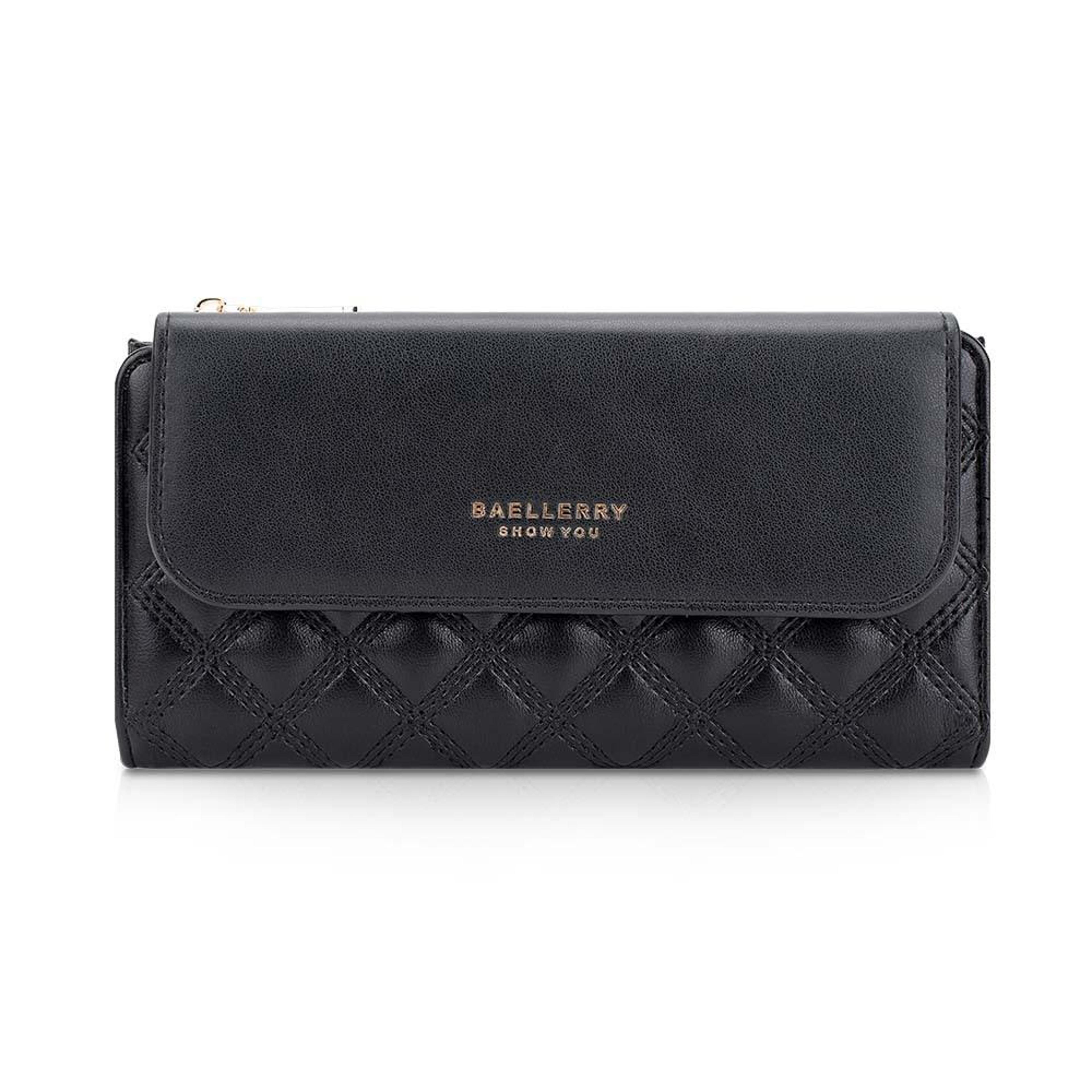womens black trifold wallet with multiple card slots and zipper closure
