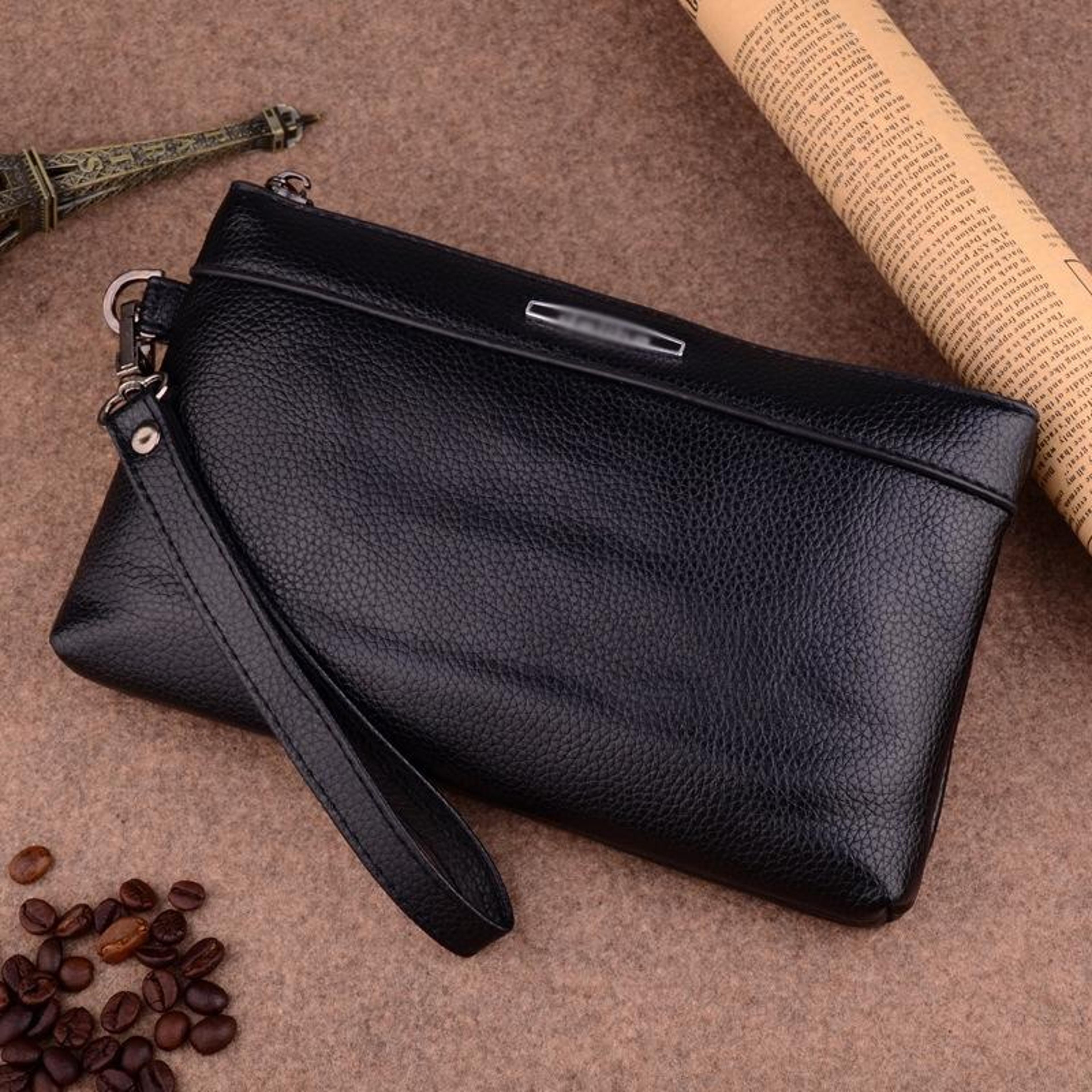 mens large capacity pu leather clutch wallet with detachable wrist strap black