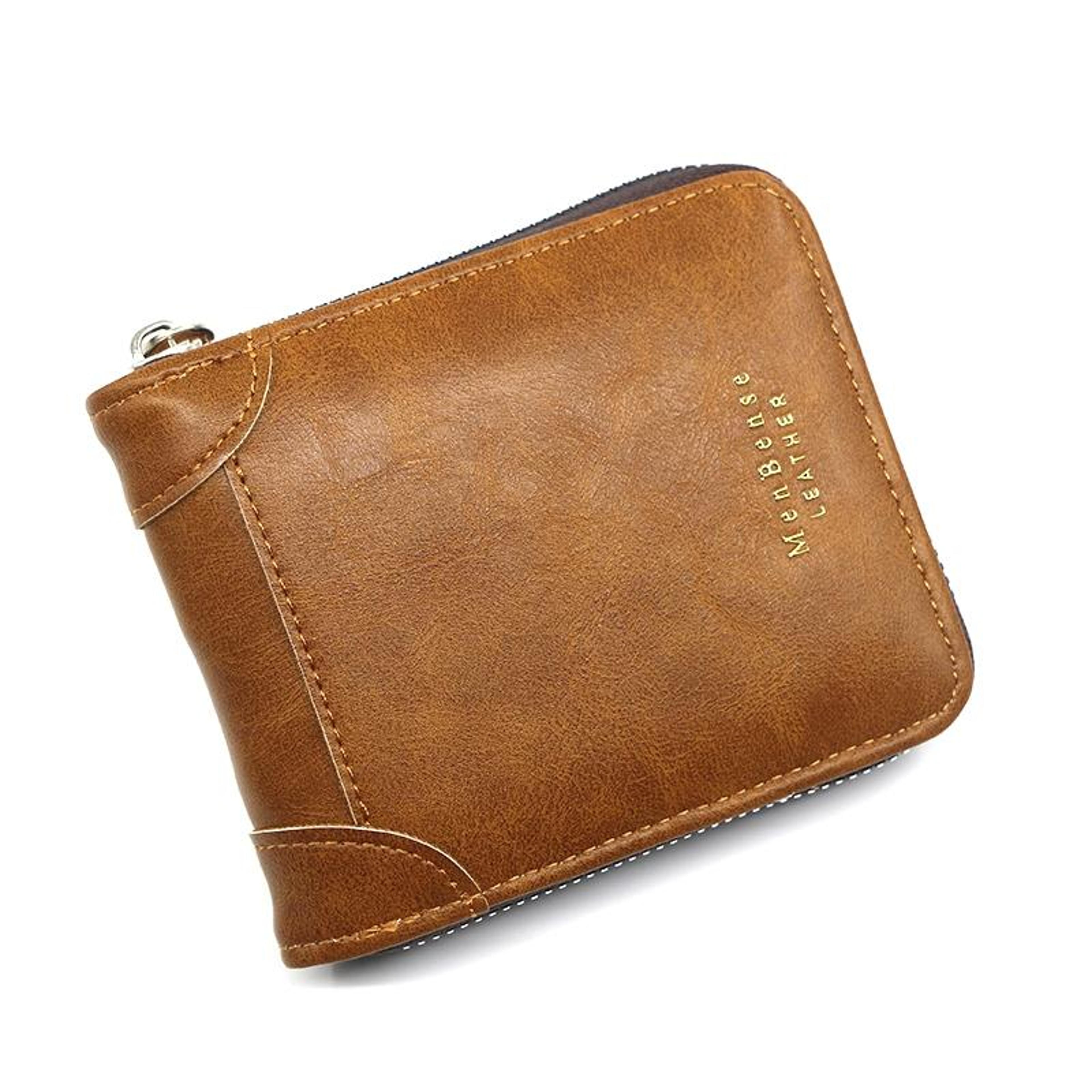 mens light brown pu leather bifold wallet with zipper and multiple card slots