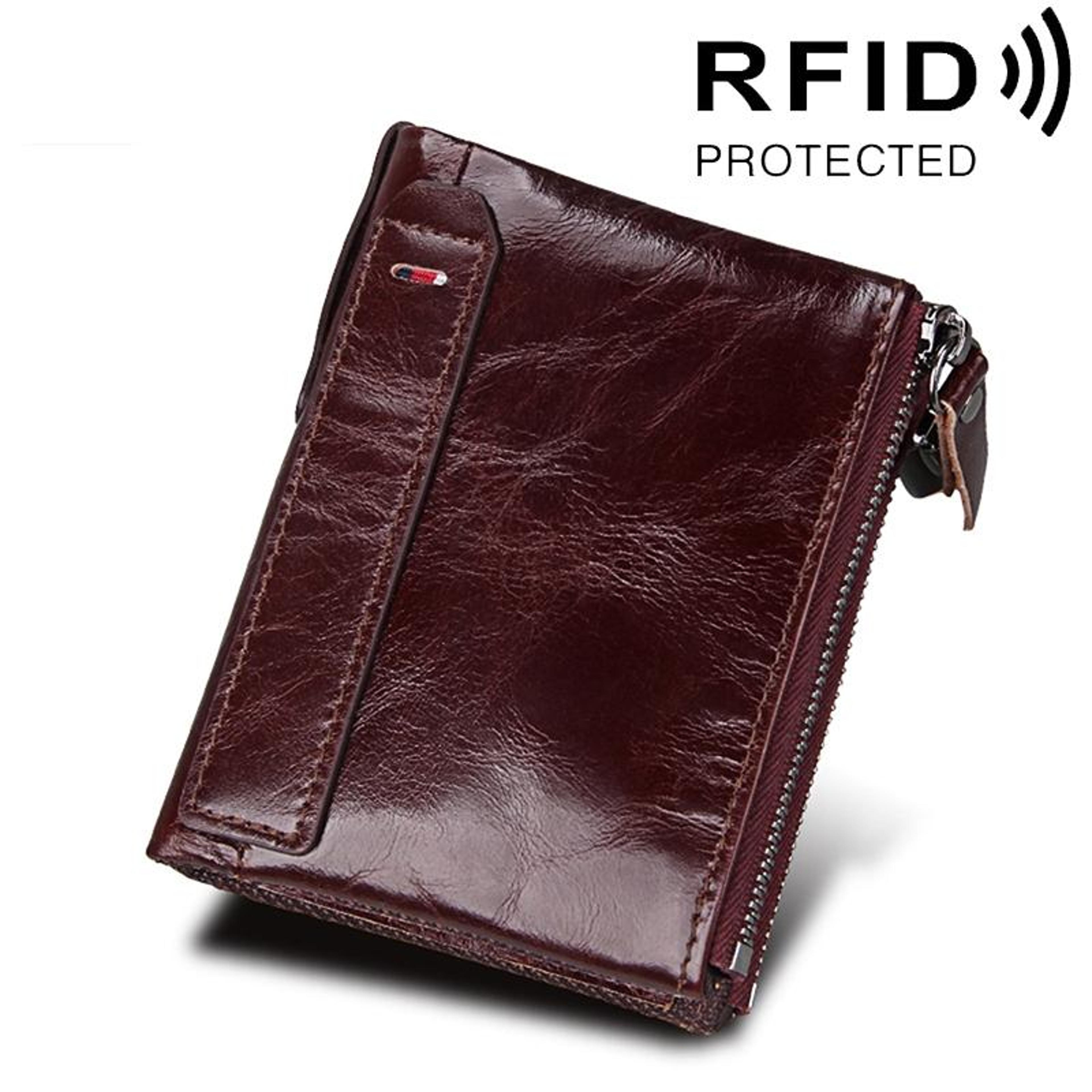 genuine cowhide leather rfid blocking wallet with dual zipper card holder