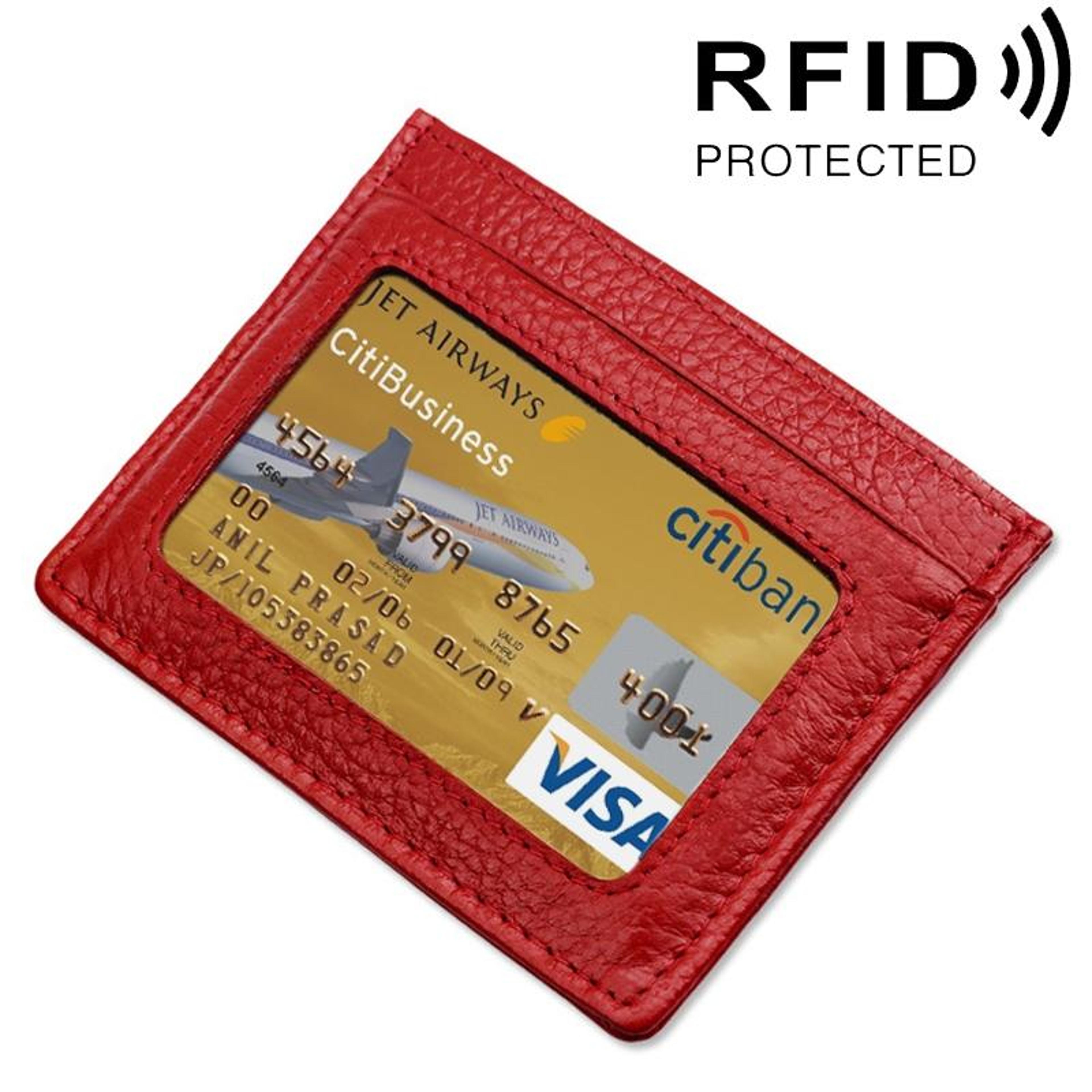 cowhide leather rfid blocking card holder wallet with litchi texture red