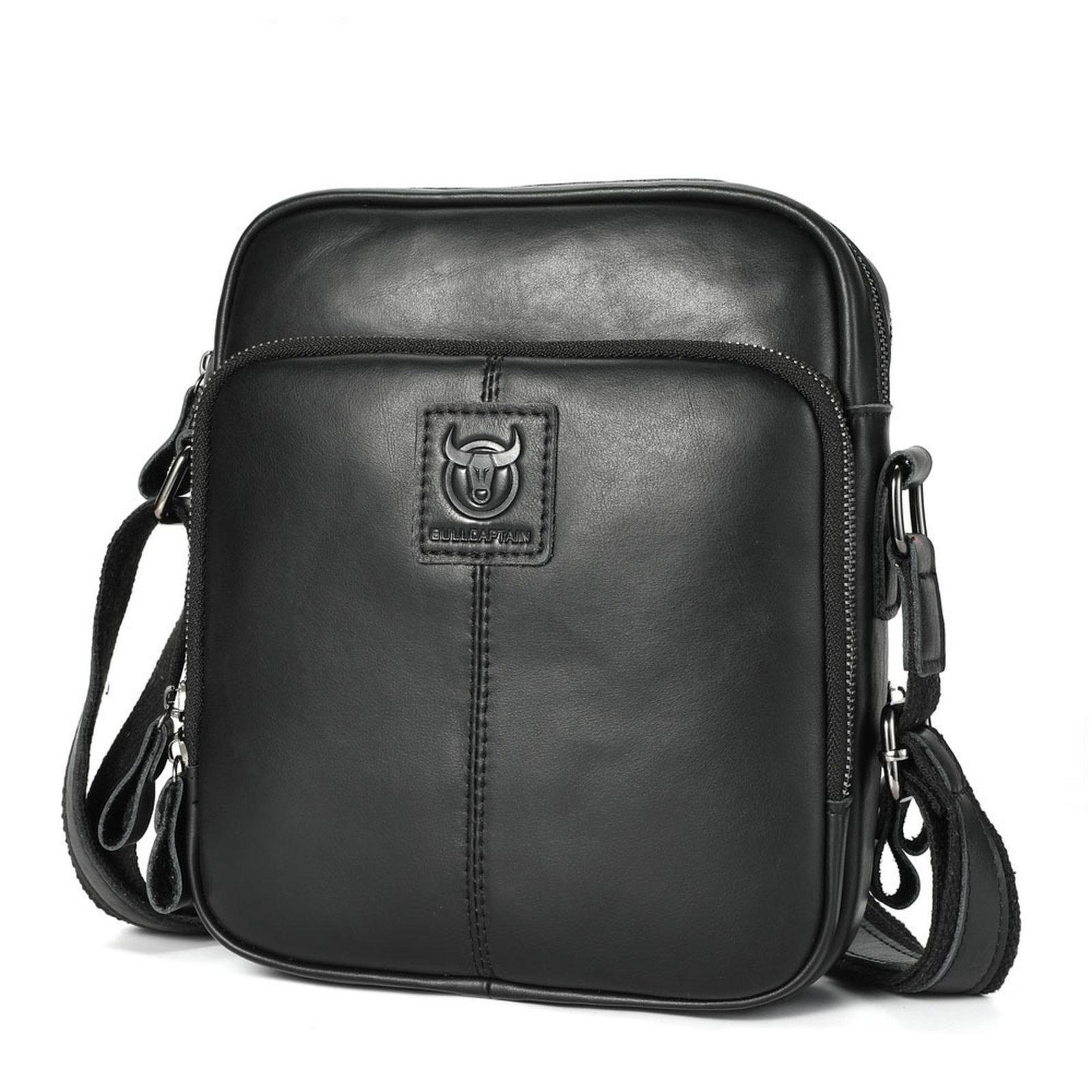 mens genuine leather crossbody messenger bag with multiple pockets black