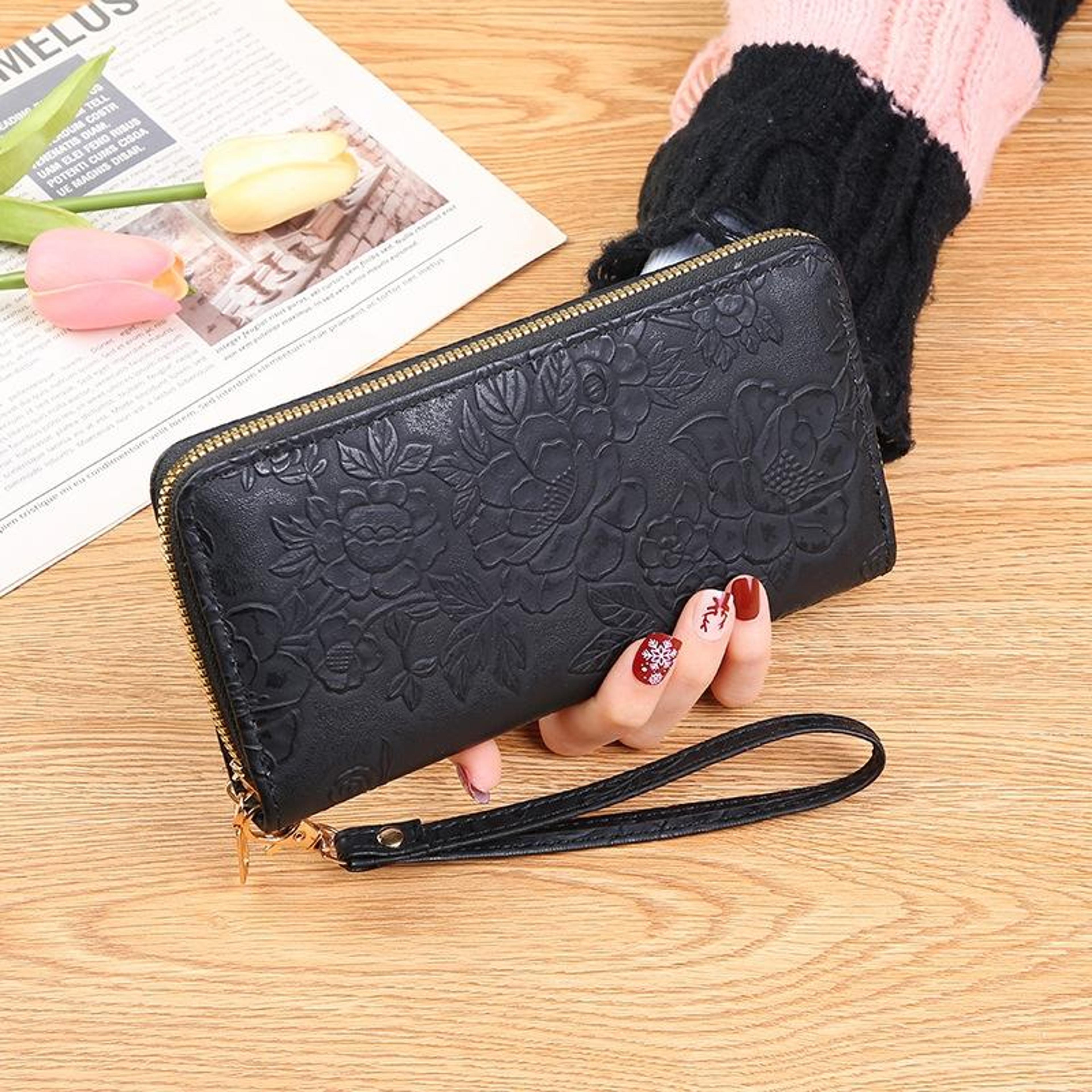 large capacity black embossed zipper wallet with multiple card slots