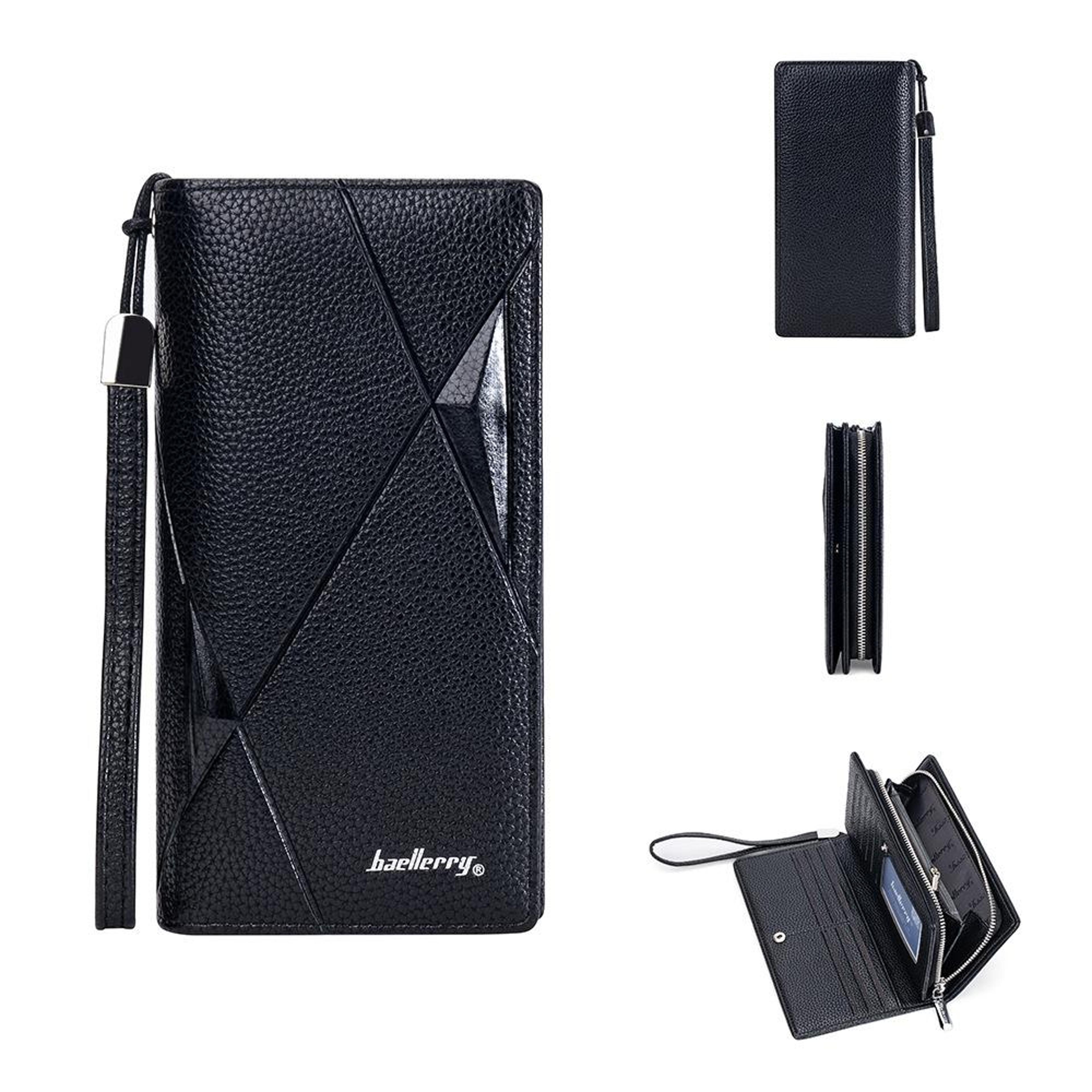 black lychee texture pu leather long wallet with 11 card slots and zipper closure