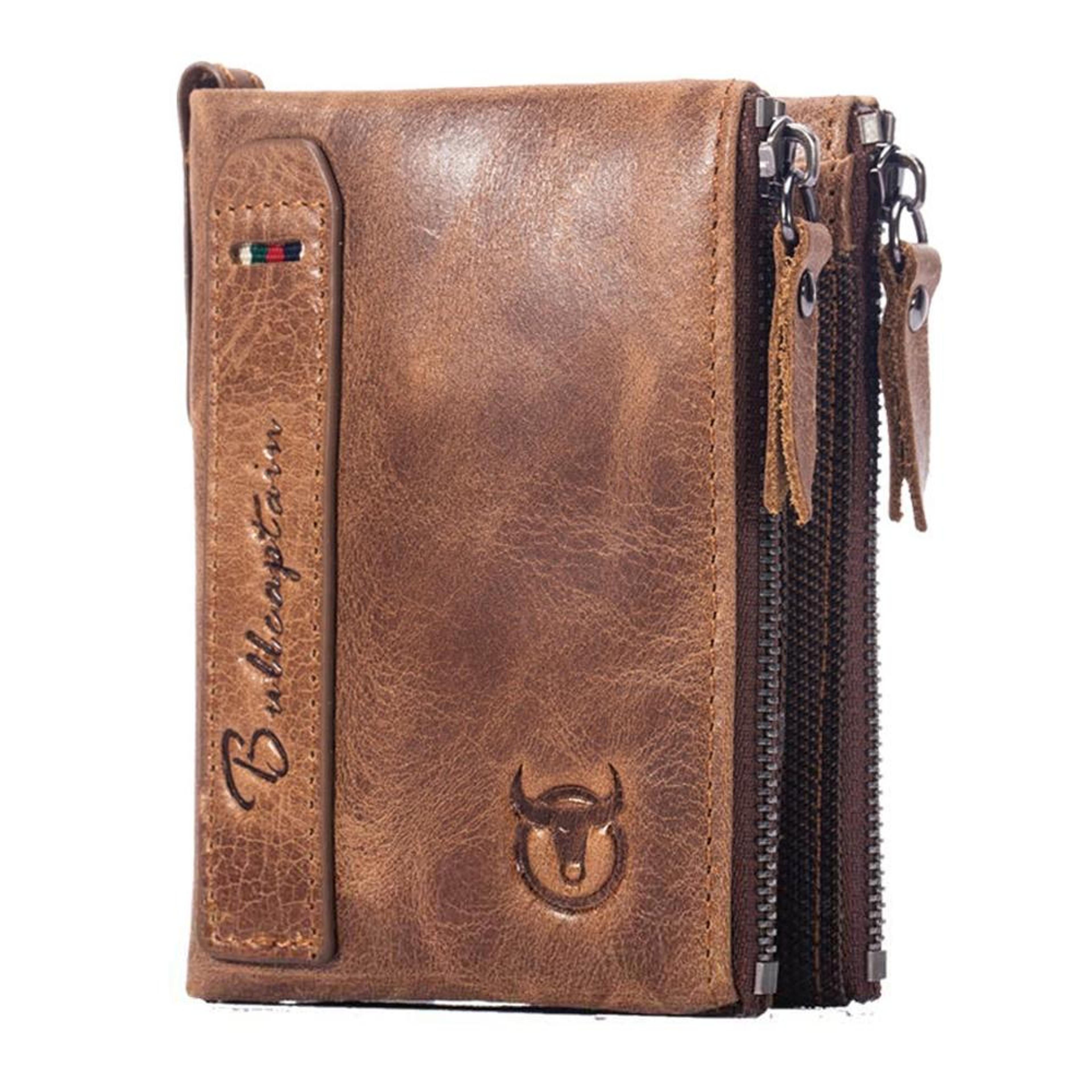 retro cowhide leather zipper wallet with card slots and coin storage brown