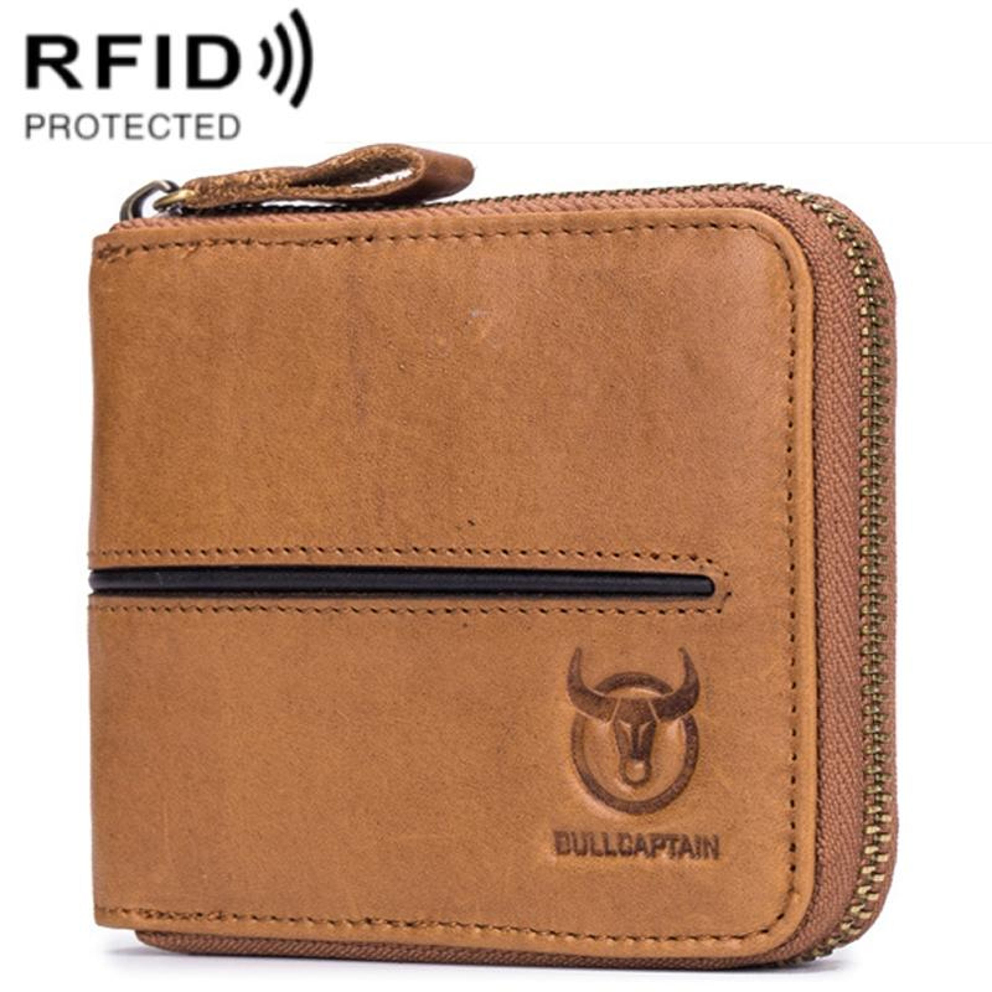 anti theft cowhide leather zipper wallet with multi card slots yellow brown