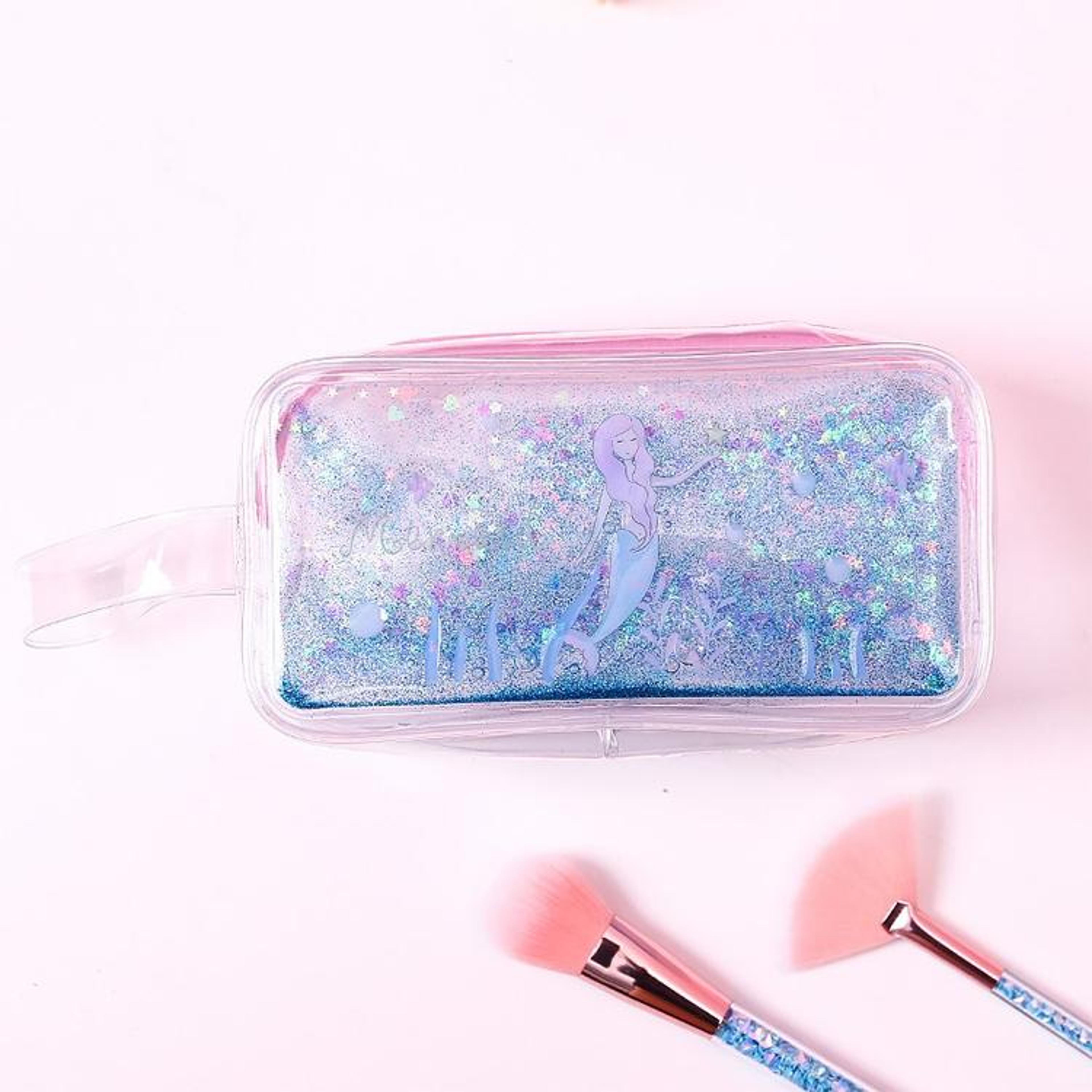 transparent pvc mermaid pencil case with quicksand design