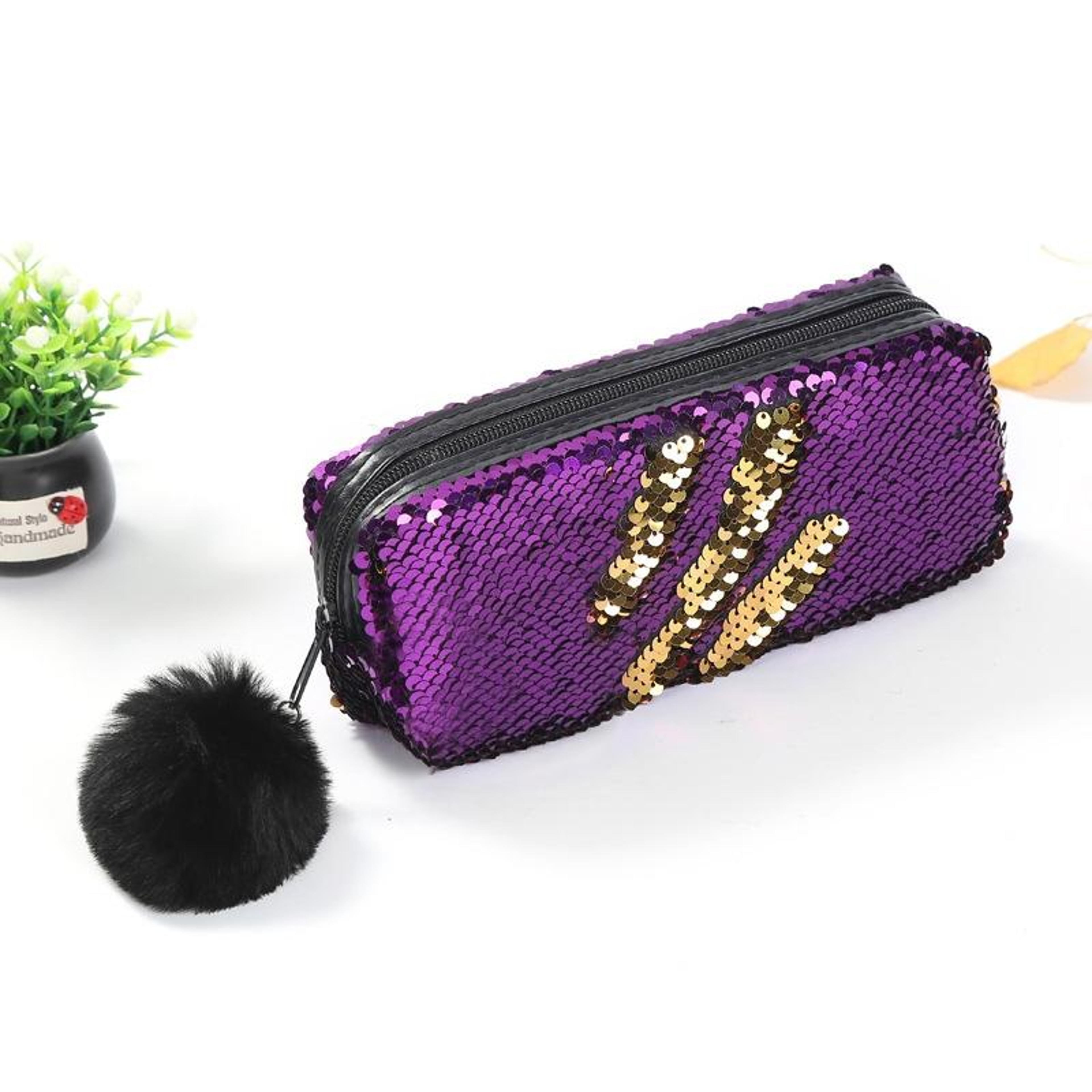 reversible sequin pencil case for girls with purple and gold design