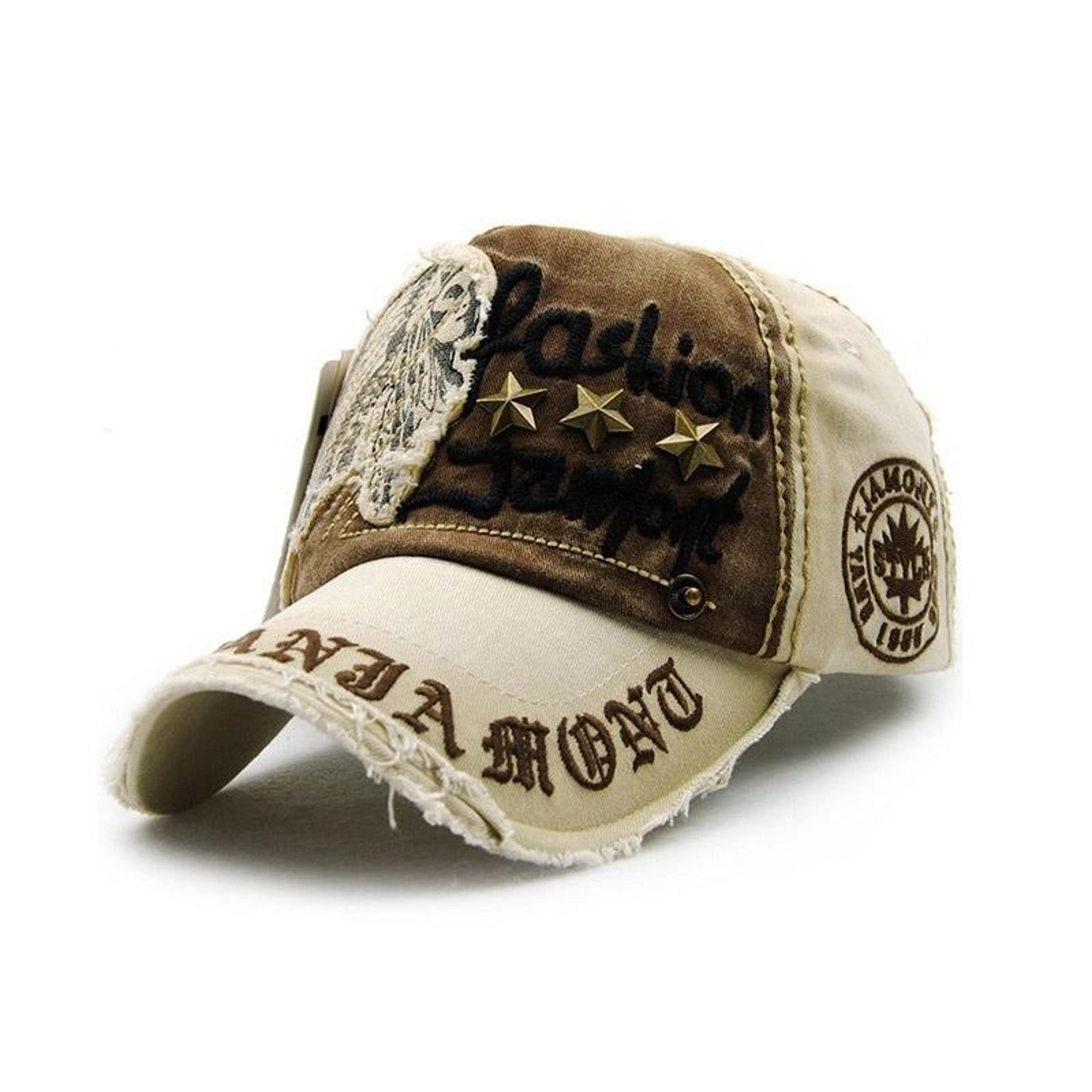 cotton baseball cap with embroidered letters star rivets and curved brim