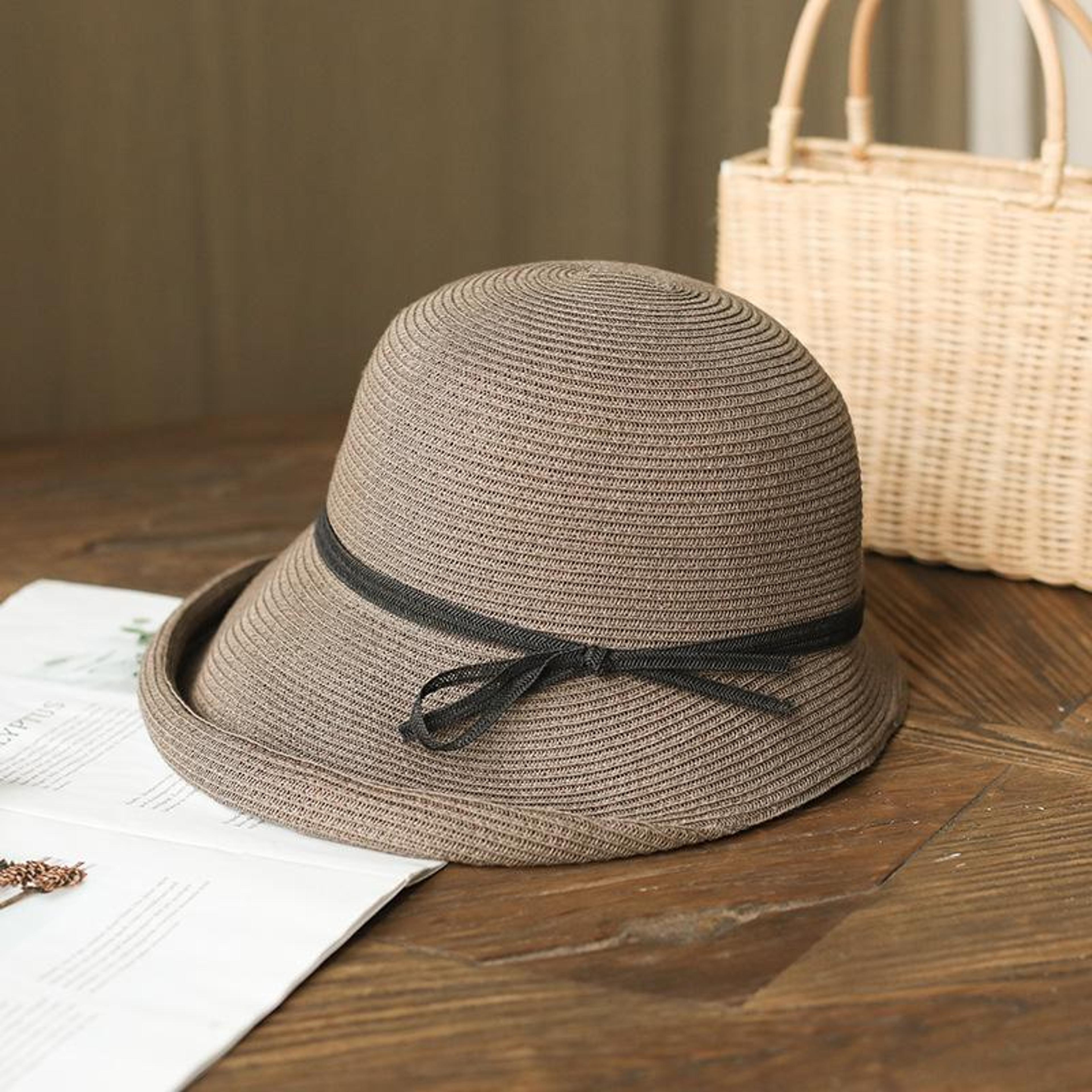 vintage straw sun hat for women with ribbon bow and foldable cloche brim