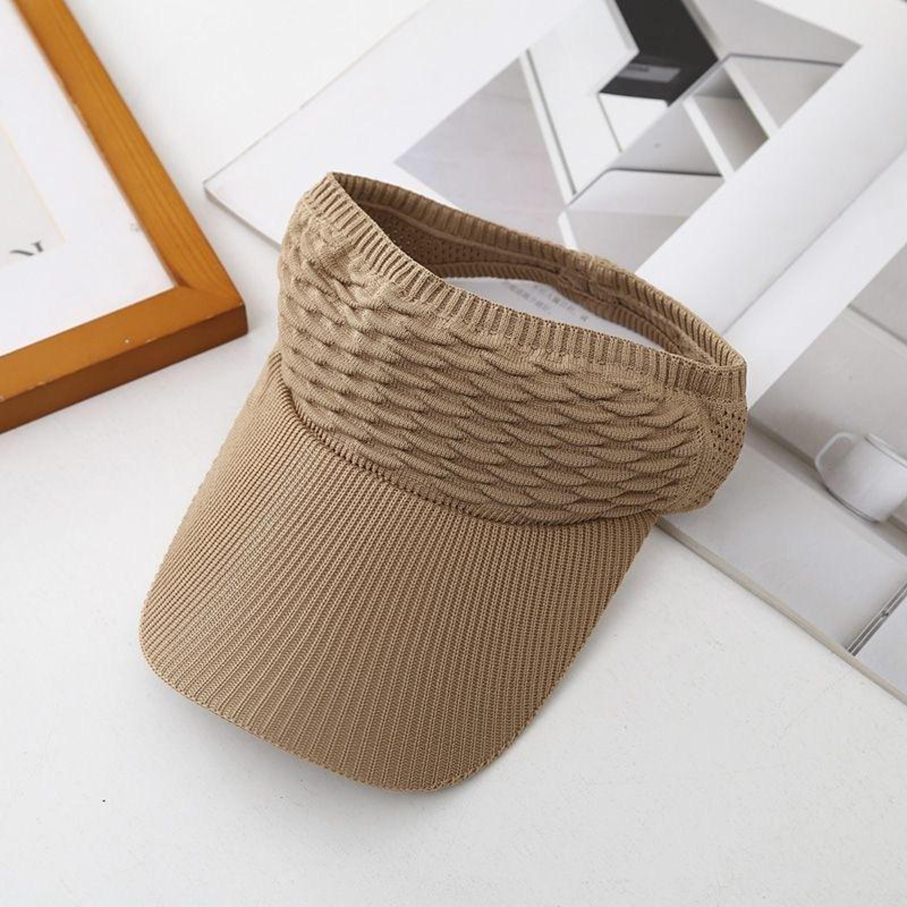 knitted sun visor for women with wide brim and elastic ponytail opening